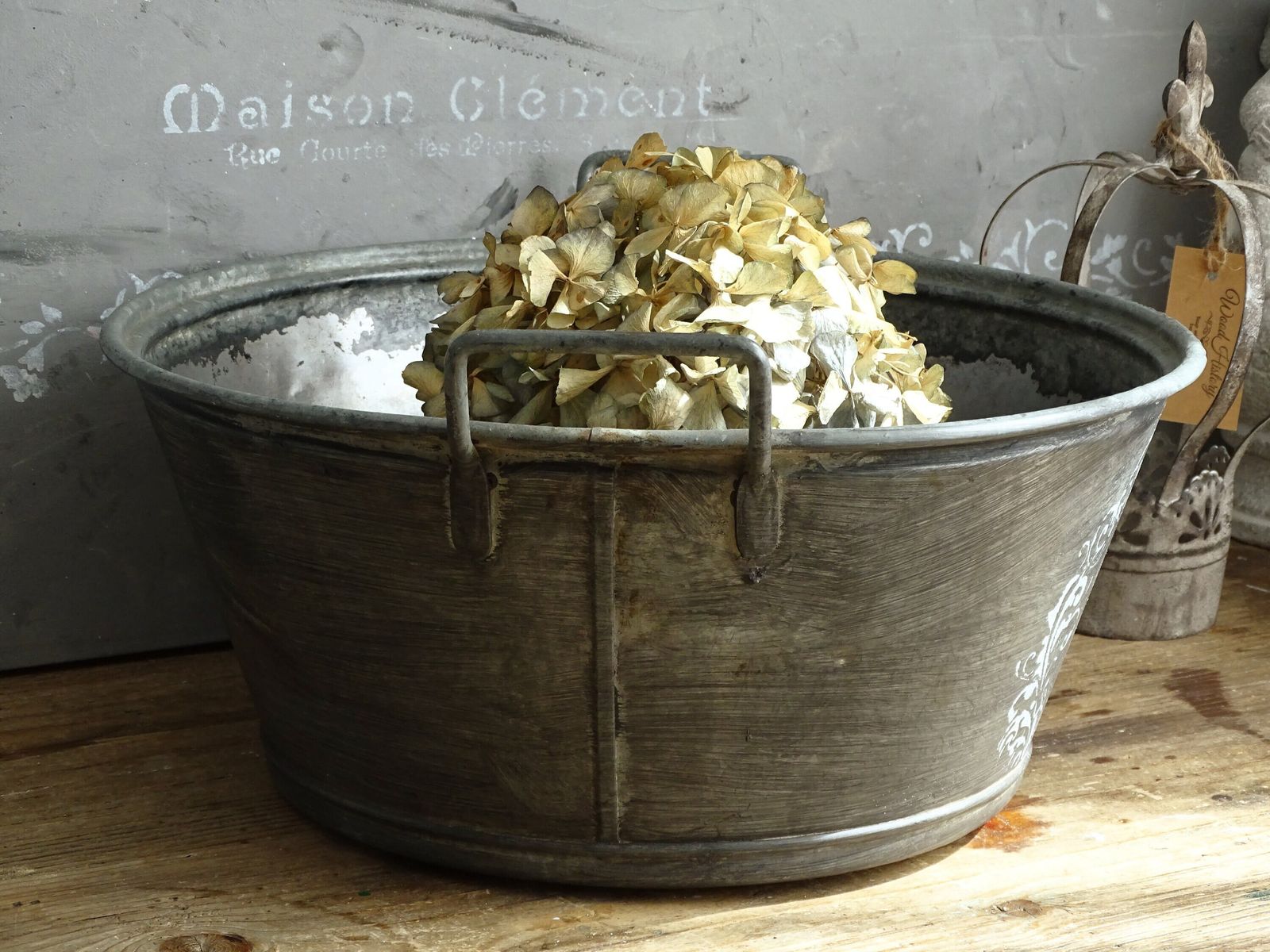 Vintage French Galvanized Zinc Bucket: Large Farmhouse Planter photo Home Decor