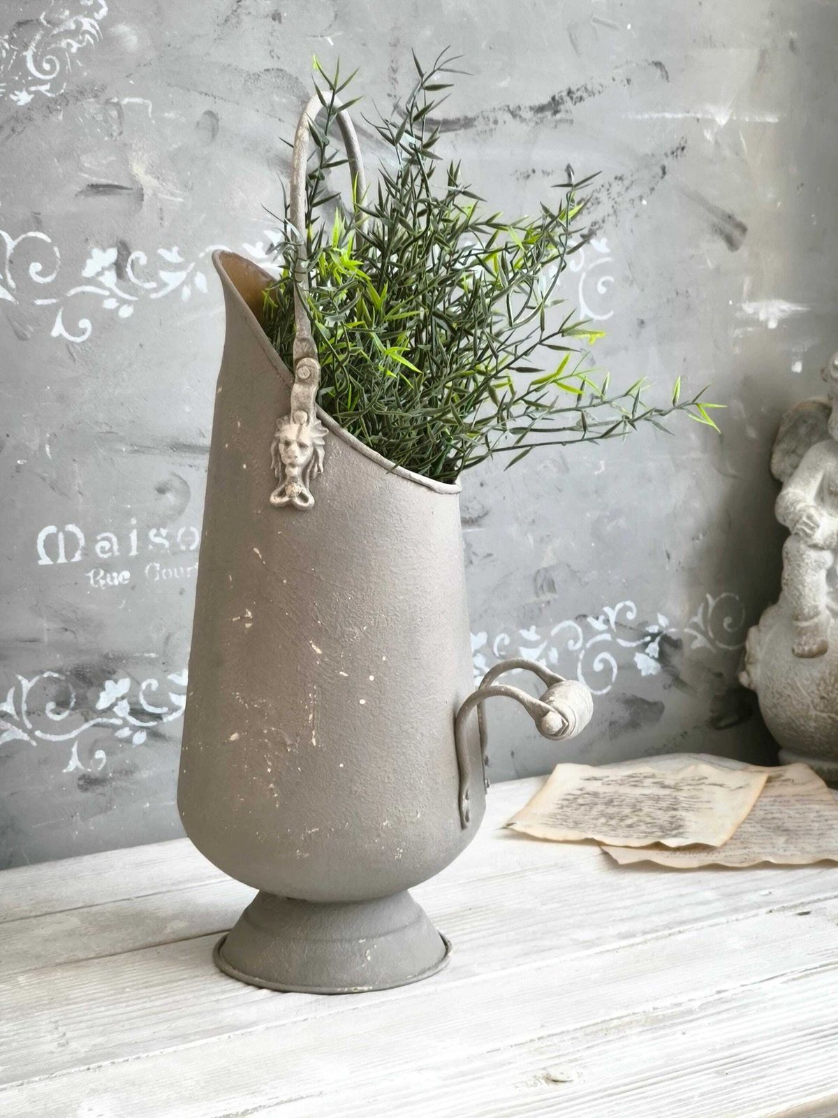 Brass Ash Scuttle Faux Concrete Lion Head, Metal Pitcher Vase, Distressed Coal Ash Bucket, Gray Shabby Chic Metal Planter, Fireplace Decor photo 81.0