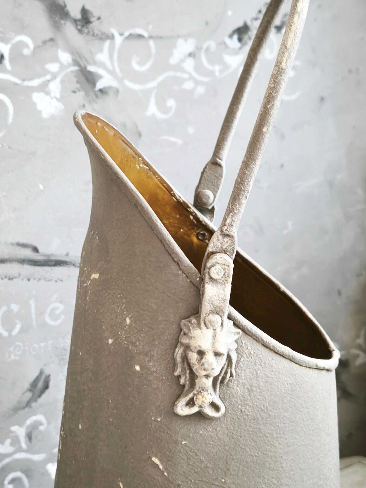 Brass Ash Scuttle Faux Concrete Lion Head, Metal Pitcher Vase, Distressed Coal Ash Bucket, Gray Shabby Chic Metal Planter, Fireplace Decor photo vinterior