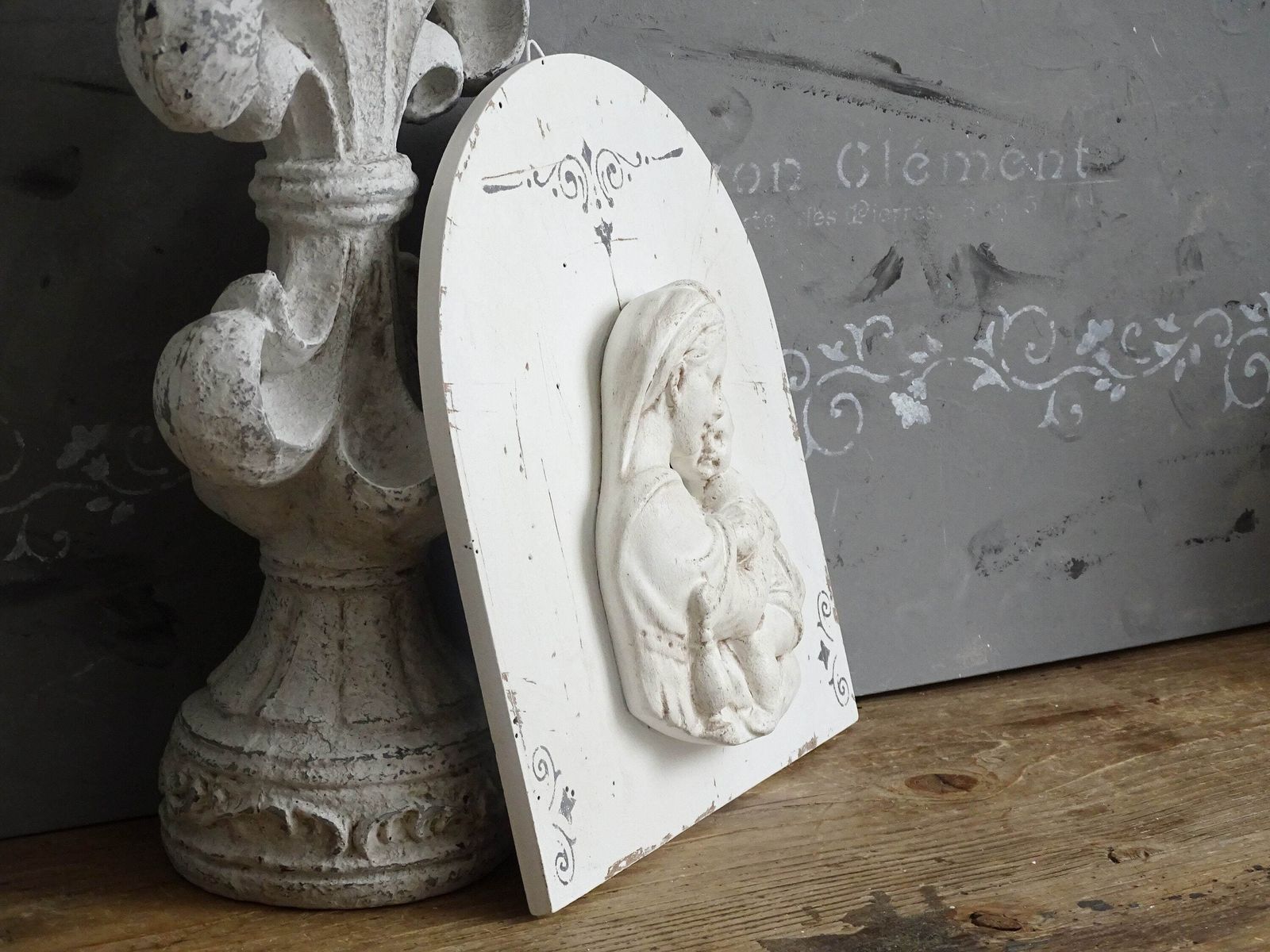 White Wood Wall Plaque Of Plaster Mother And Child, Shabby Chic Wall Statuary photo buy