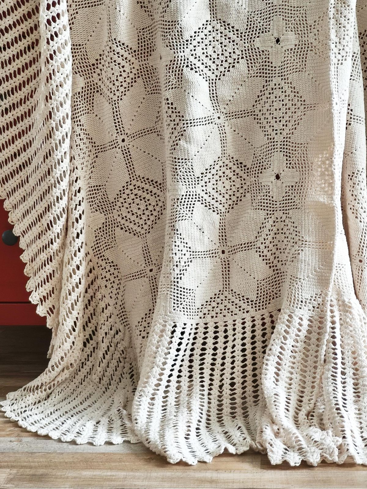 Handmade Crochet Blanket Scallops, Beige Cotton Blanket, Rustic Lace Throw, Bedspread