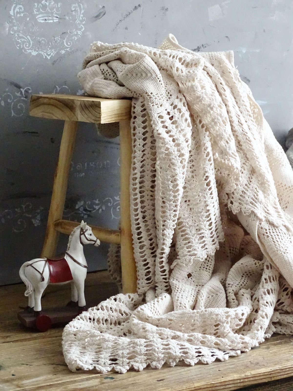 Handmade Crochet Blanket Scallops, Beige Cotton Blanket, Rustic Lace Throw, Bedspread photo furniture