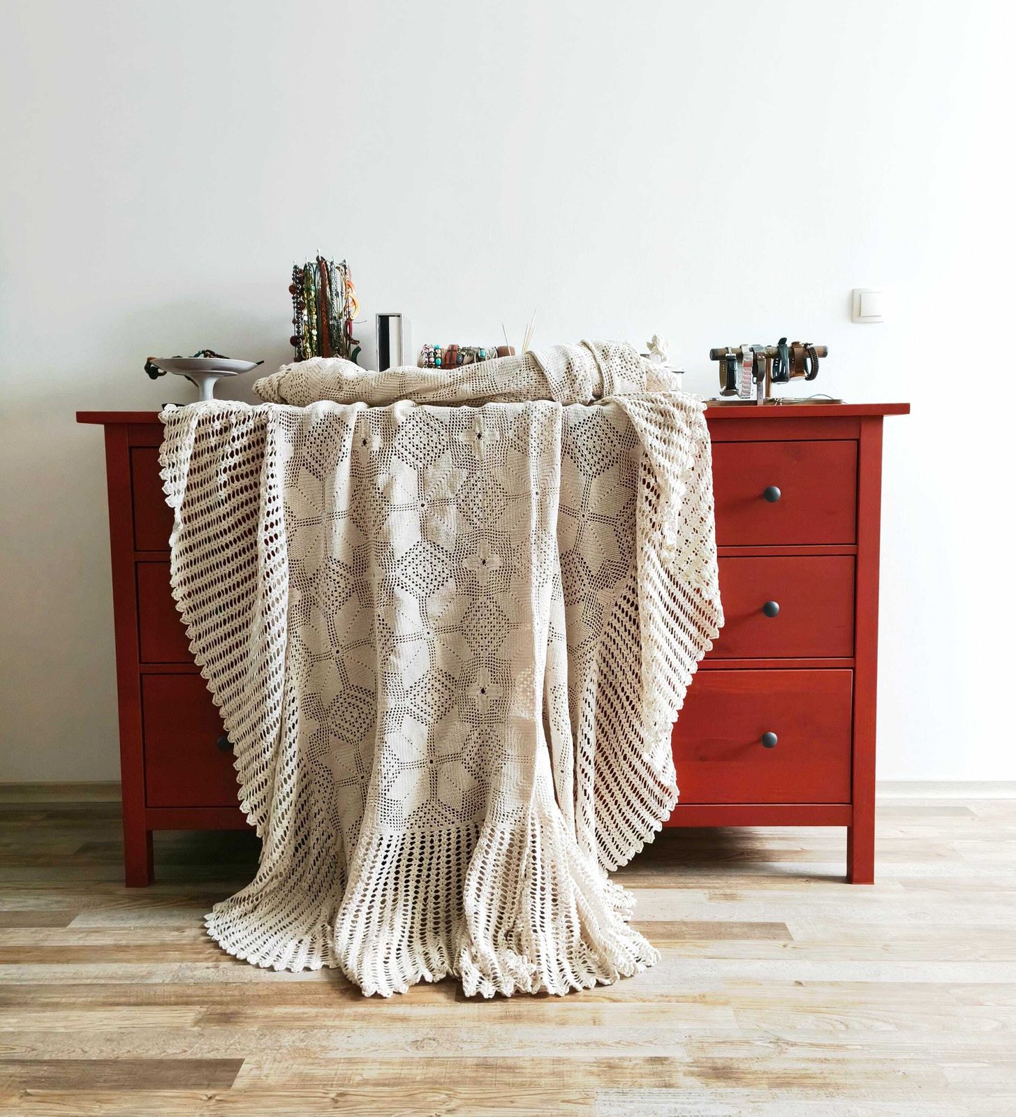 Handmade Crochet Blanket Scallops, Beige Cotton Blanket, Rustic Lace Throw, Bedspread photo for sale