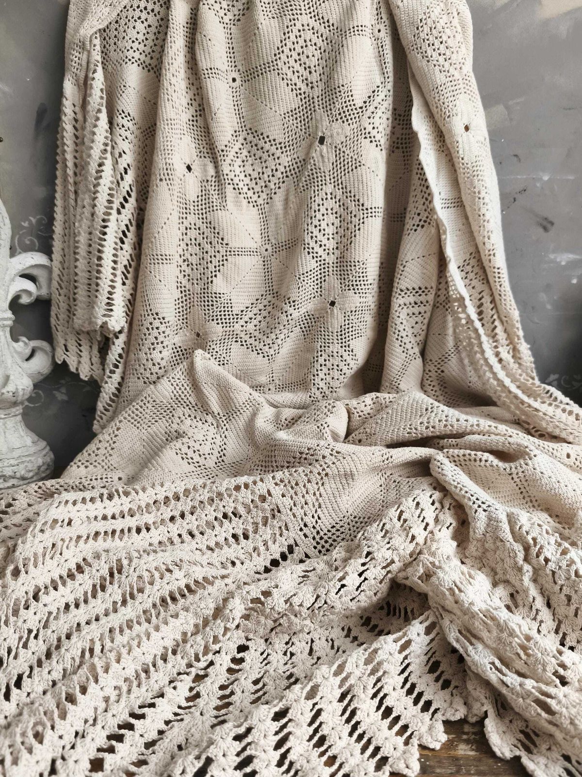 Handmade Crochet Blanket Scallops, Beige Cotton Blanket, Rustic Lace Throw, Bedspread photo Textiles