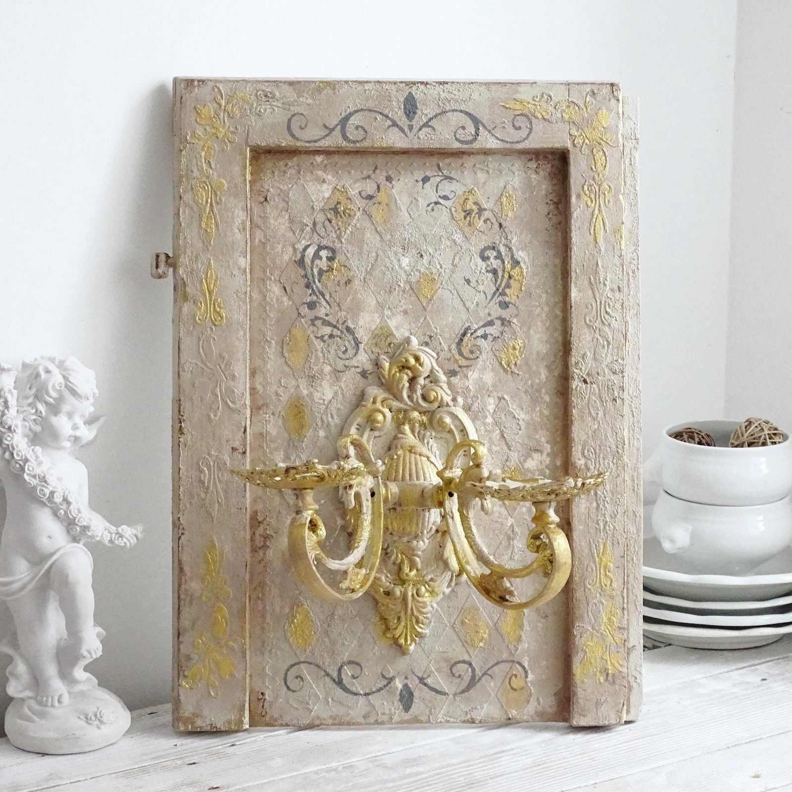 Gilded French Candle Sconce: Shabby Chic Wrought Iron Wall Decor photo furniture