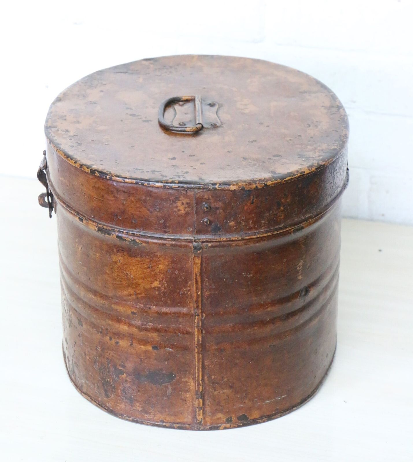 photo for sale Antique Metal Hat Box Toleware Tin Lovely Patina + Hasp Very Decorative