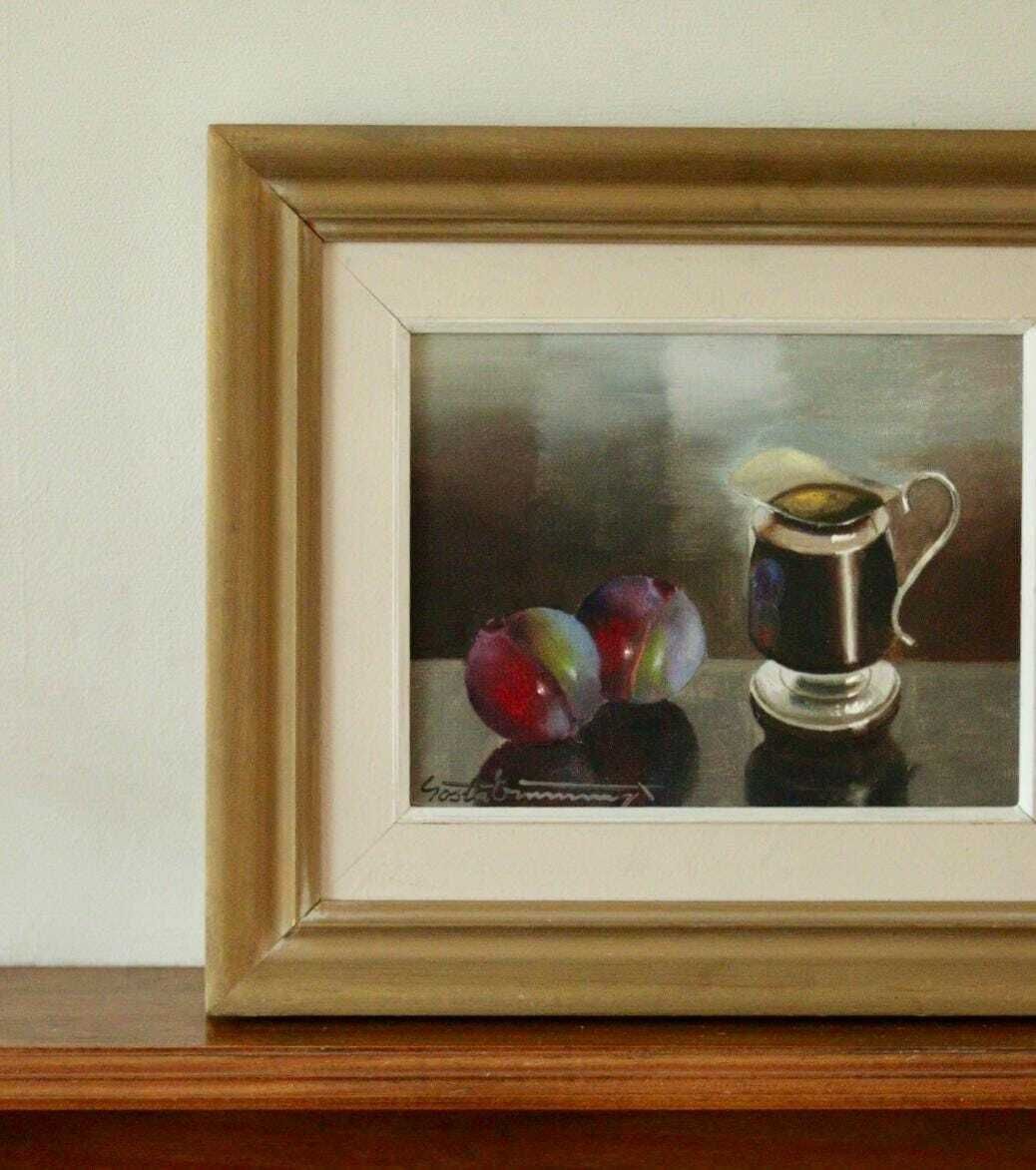 Original Mid Century  Swedish Oil On Canvas "Still Life With Plums And Jug"By Gösta Emming Vintage & Framed | 38 X 33 Cm (15 X 13 Inches) photo furniture