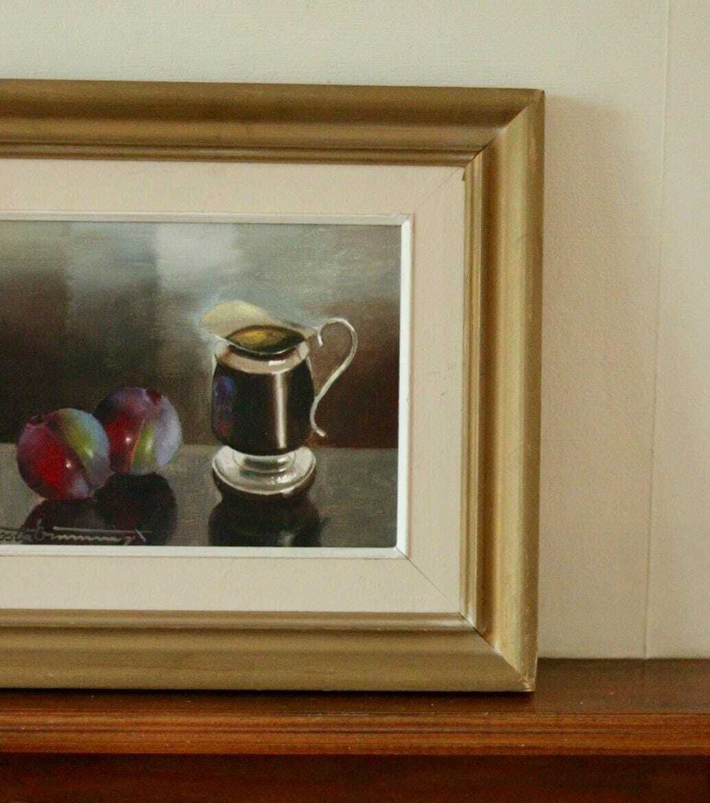 Original Mid Century  Swedish Oil On Canvas "Still Life With Plums And Jug"By Gösta Emming Vintage & Framed | 38 X 33 Cm (15 X 13 Inches) photo for sale