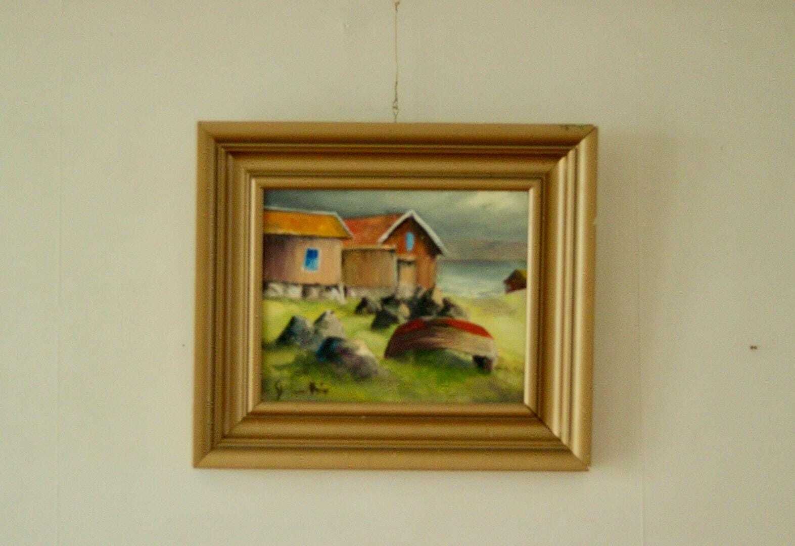 Original Vintage Swedish Oil On Canvas – House By The Water – Owe Svedin – Signed & Framed | 36 X 31 Cm (Approx. 14.2 X 12.2 Inches) photo furniture