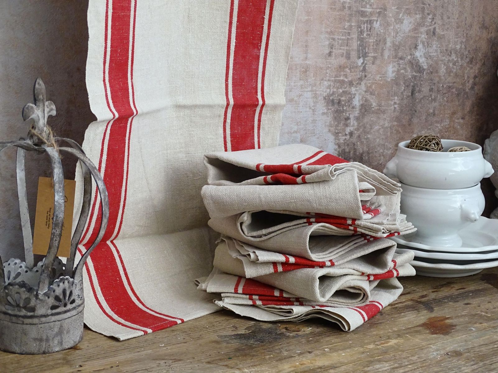 Set Of 2 Antique French Linen Tea Towels: Red Stripes, Unused 1900s Torchon photo furniture