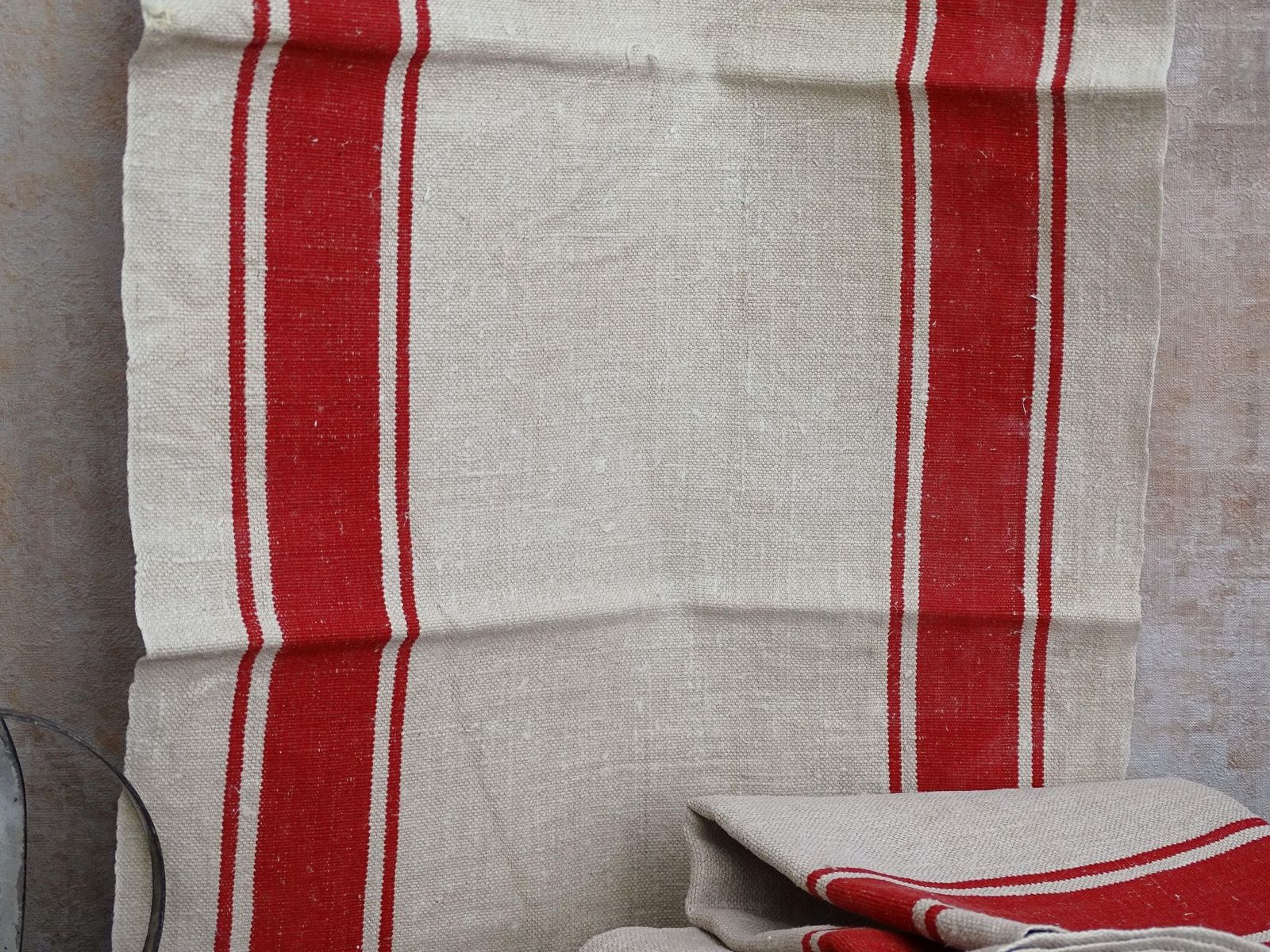 Set Of 2 Antique French Linen Tea Towels: Red Stripes, Unused 1900s Torchon photo 52.0