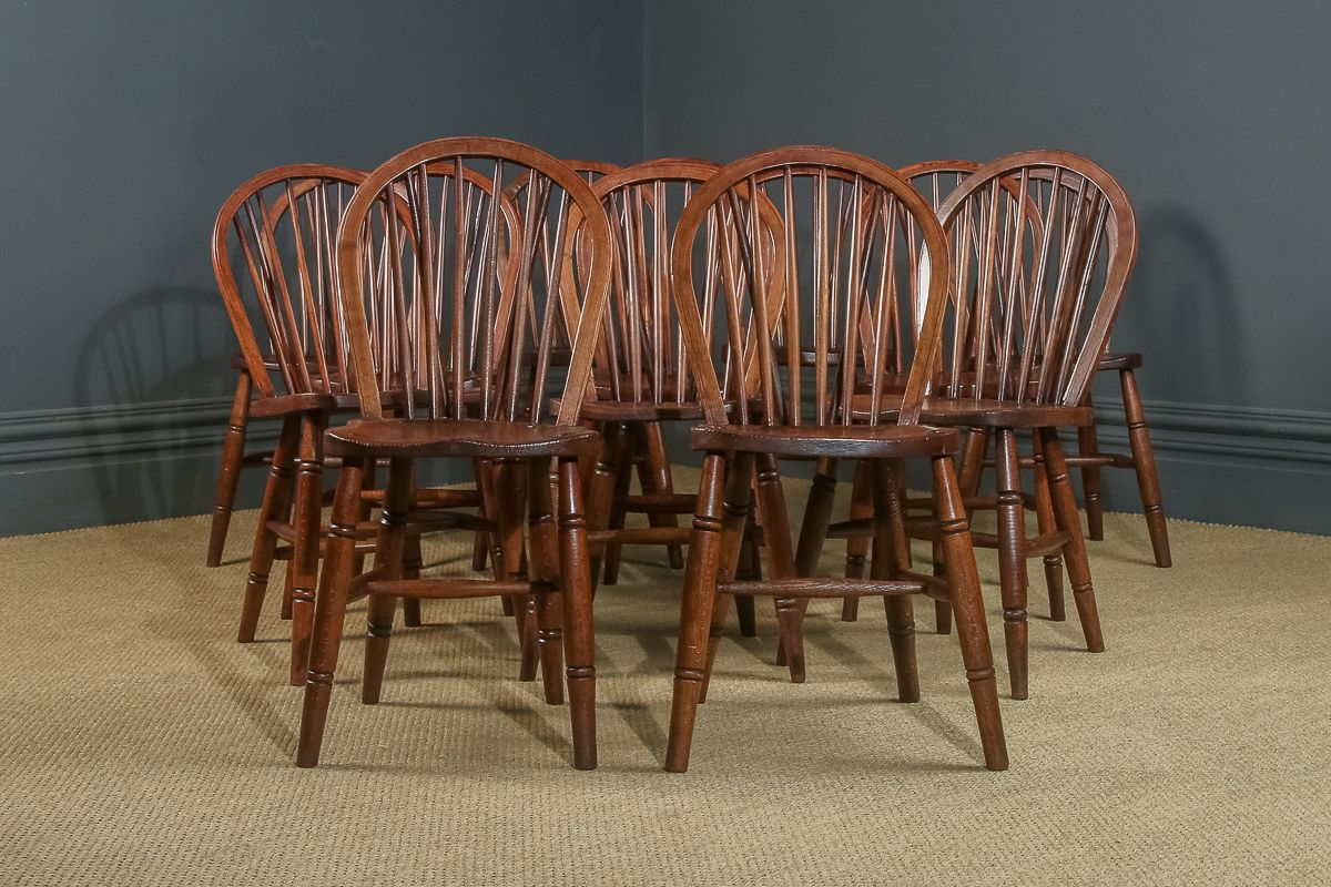 Set Of 12 Twelve Victorian Ash & Elm Windsor Stick & Hoop Back Kitchen Chairs (Circa 1890   1930) photo for sale