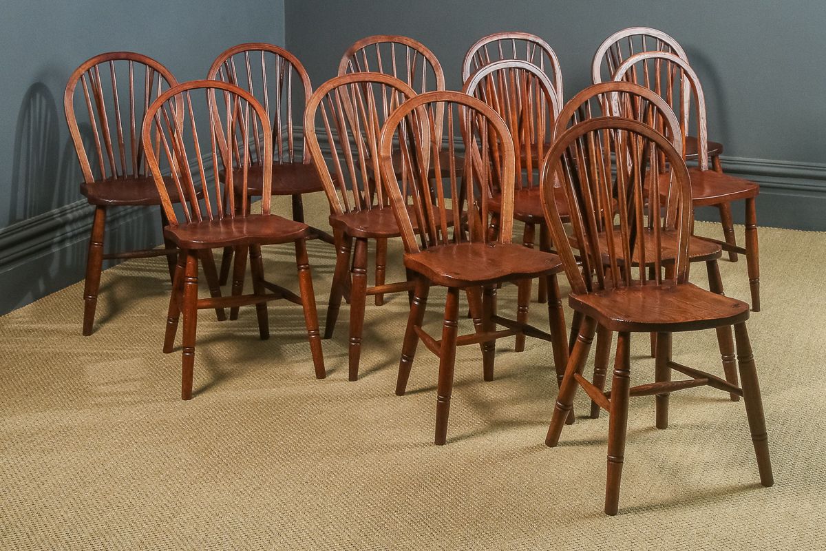 4850.0 Set Of 12 Twelve Victorian Ash & Elm Windsor Stick & Hoop Back Kitchen Chairs (Circa 1890   1930) photo
