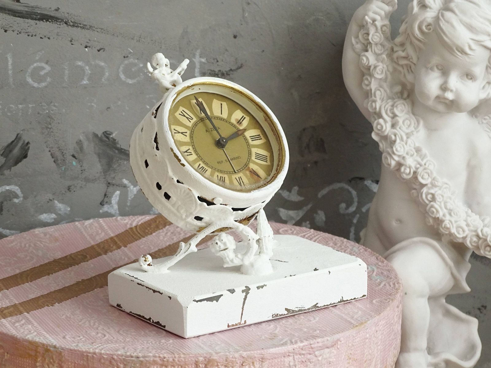 White Antique Cherub Table Clock: Tilted Rococo Metal Desk Decor