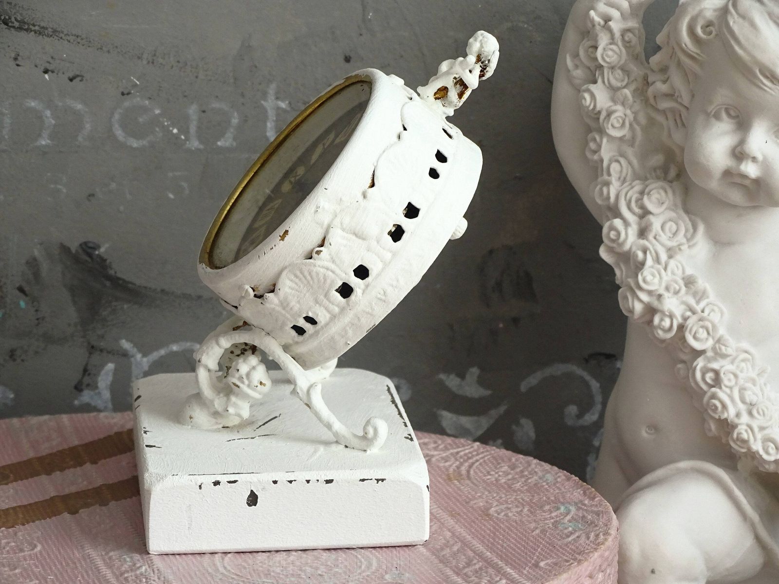 White Antique Cherub Table Clock: Tilted Rococo Metal Desk Decor photo Home Decor