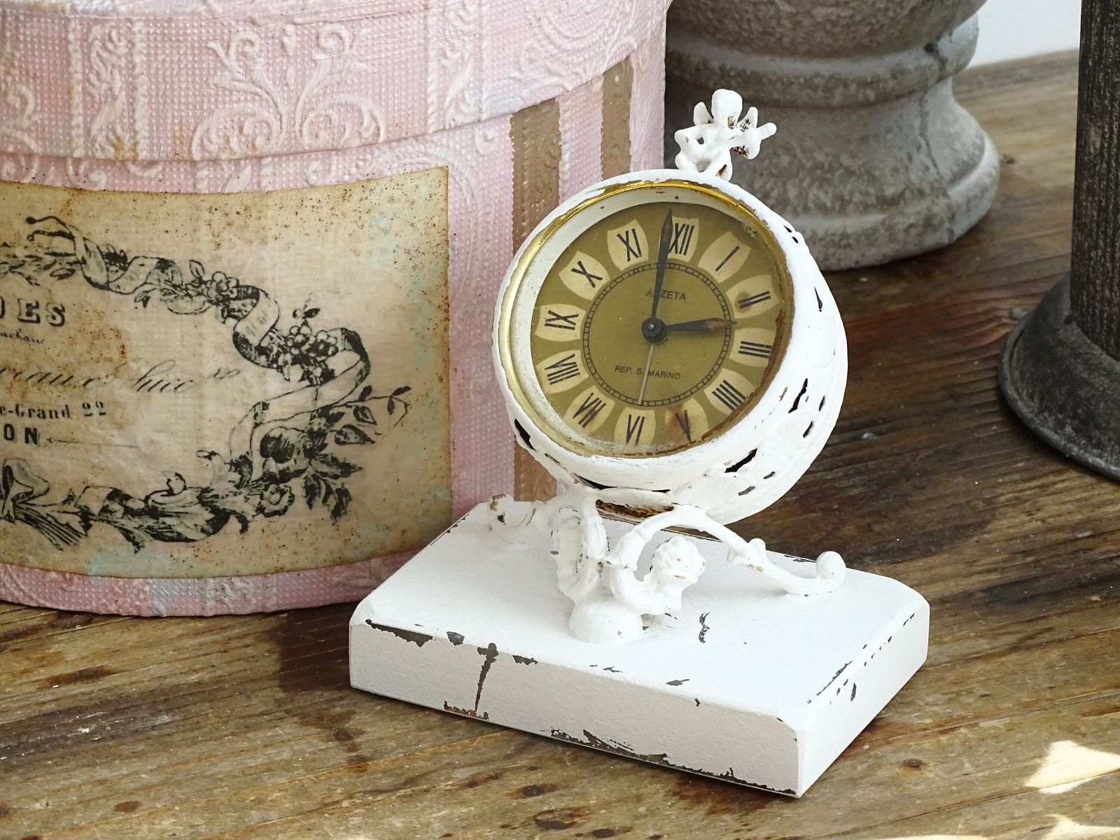White Antique Cherub Table Clock: Tilted Rococo Metal Desk Decor photo 50.0