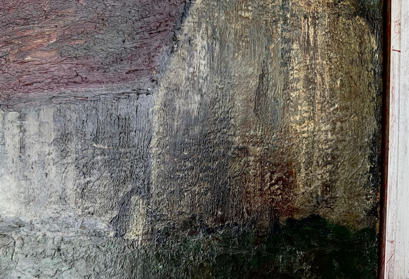 Francisco Sales Casas En El Crepúsculo – Olieverf Op Doek, Expresionistisch Landschap, Ca. 1950 photo Kunst
