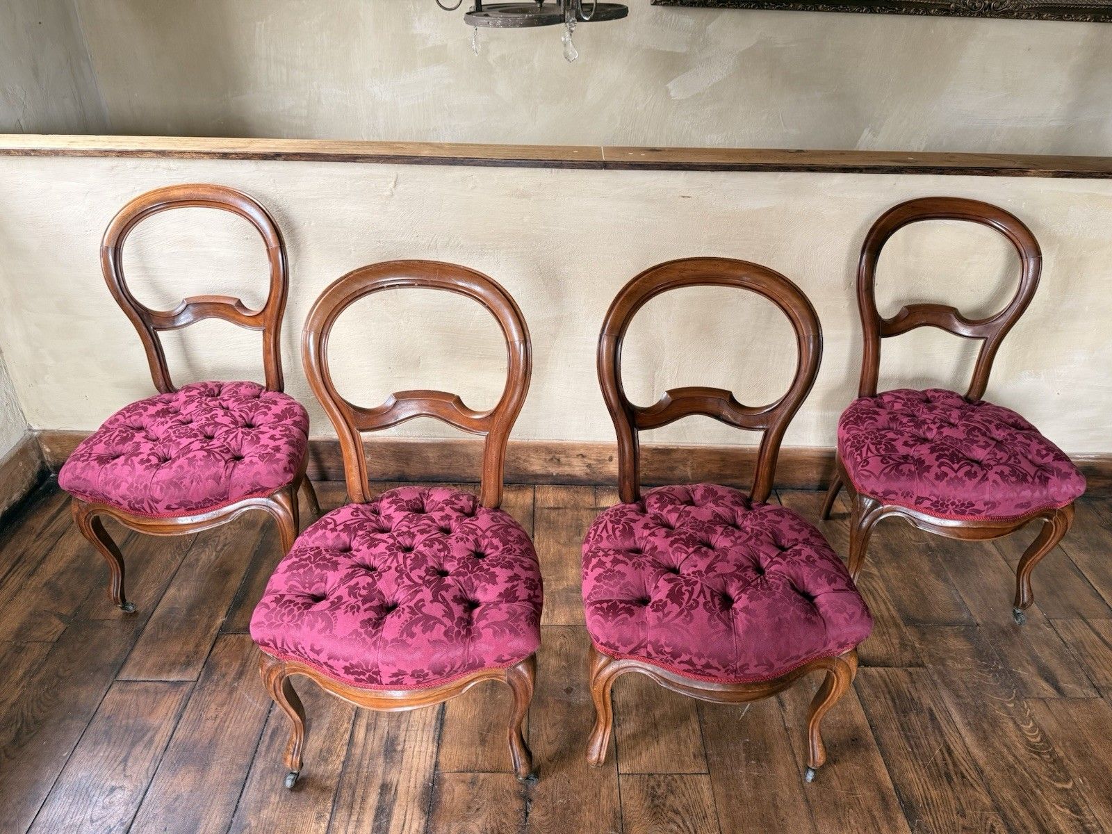 Antique Walnut Balloon Back  Victorian Magenta Purple Dining  Chairs Set 4 photo 499.0