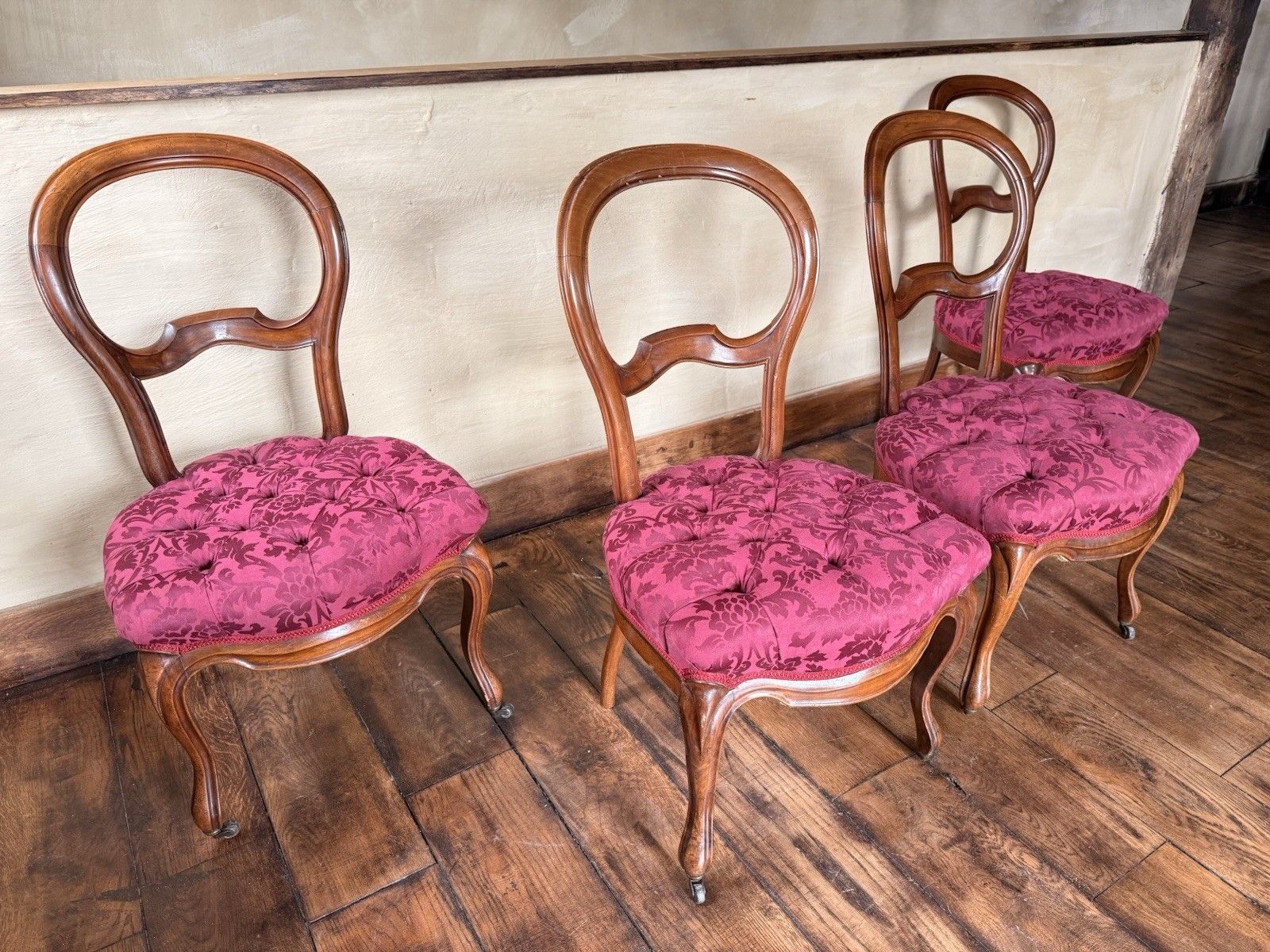 Antique Walnut Balloon Back  Victorian Magenta Purple Dining  Chairs Set 4 photo vintage