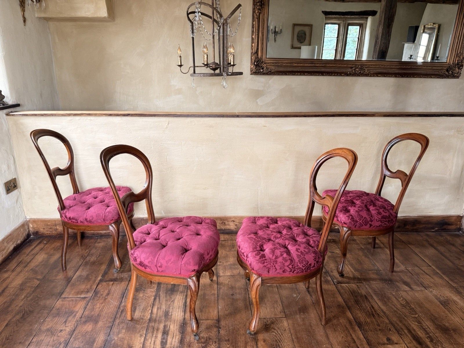 photo vintage Antique Walnut Balloon Back  Victorian Magenta Purple Dining  Chairs Set 4