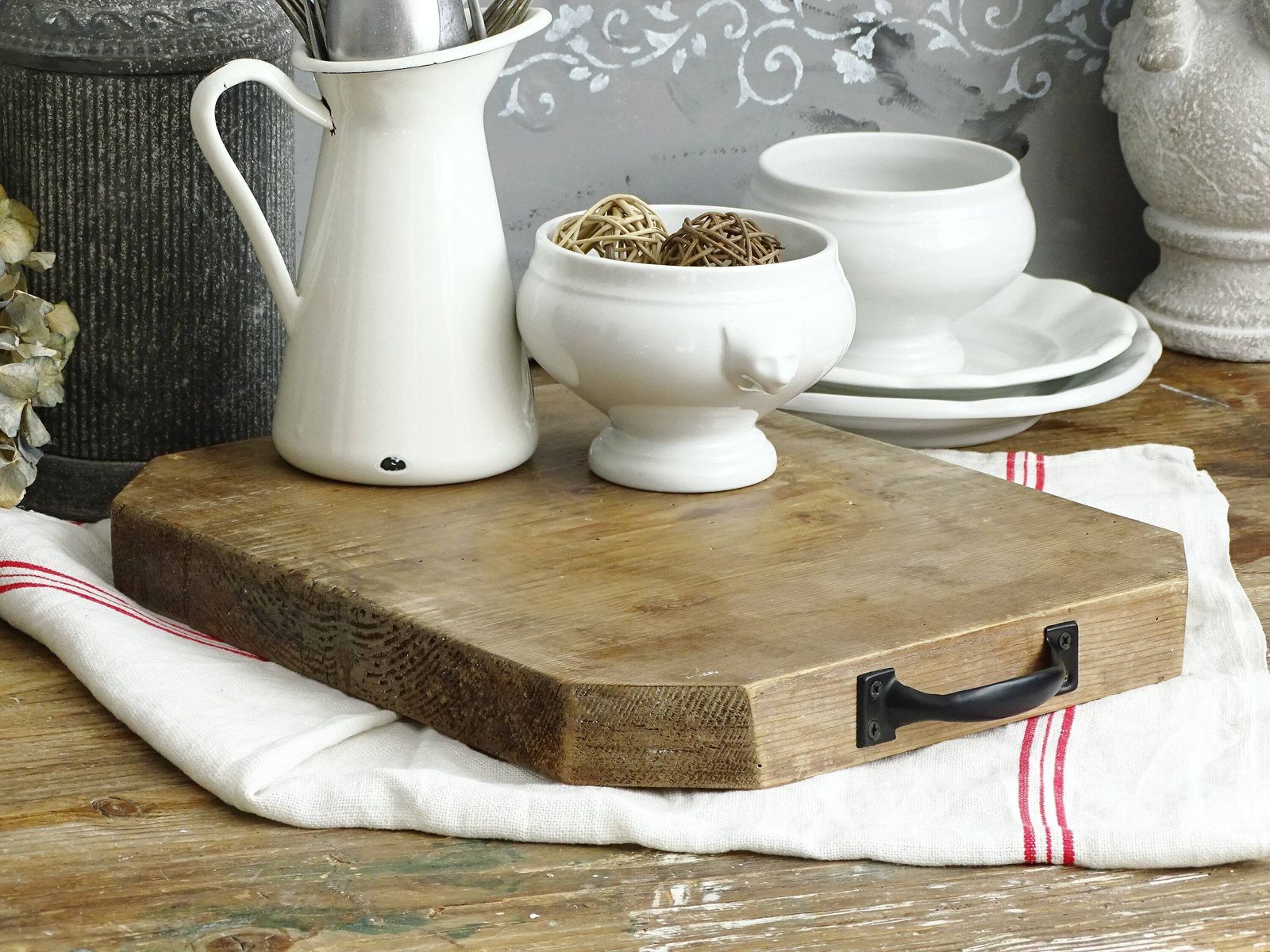 Vintage Wood Cutting Board With Metal Handles: Farmhouse Charcuterie Tray