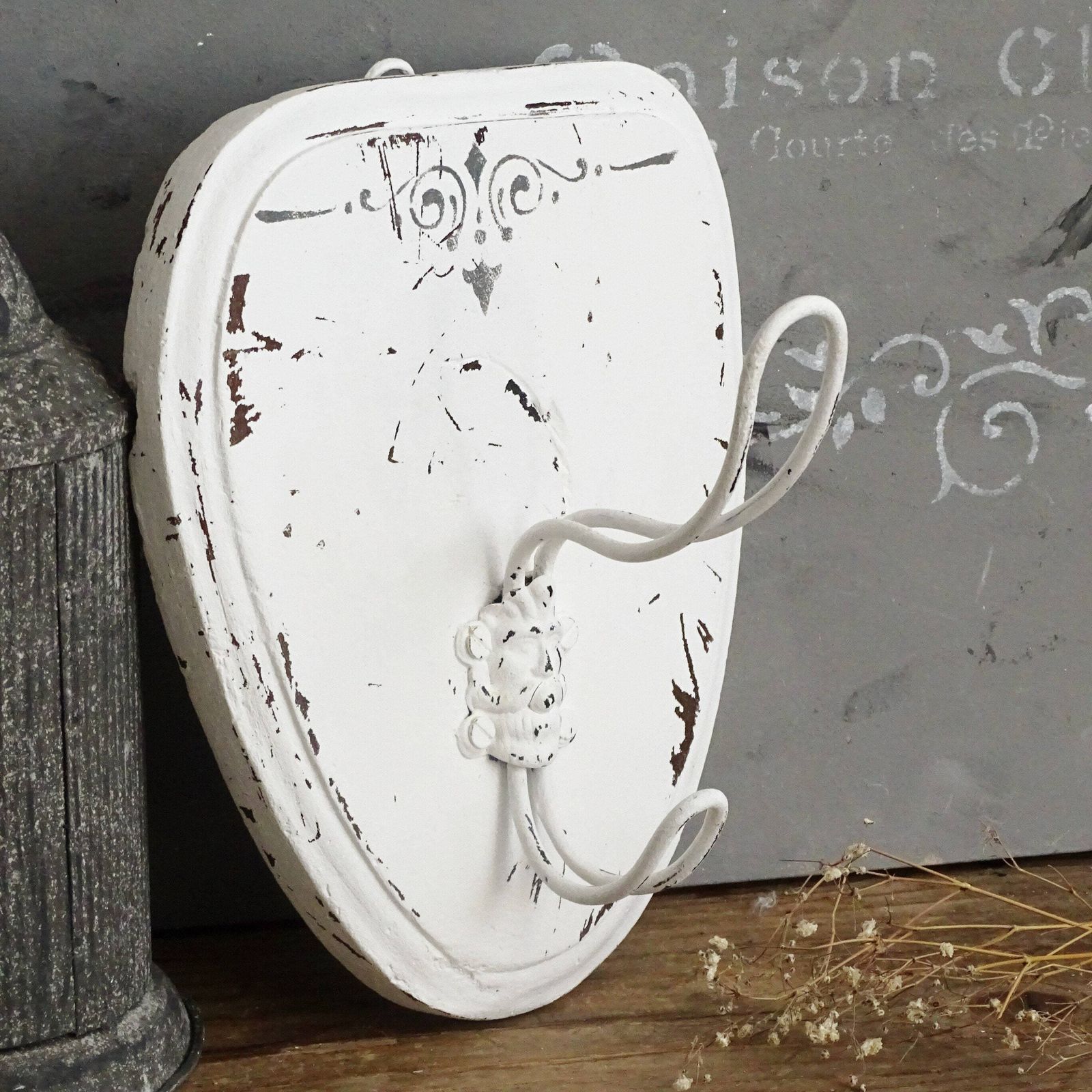 Antique White Wood Coat Hook: Shabby Chic Farmhouse Wall Hat Rack photo buy