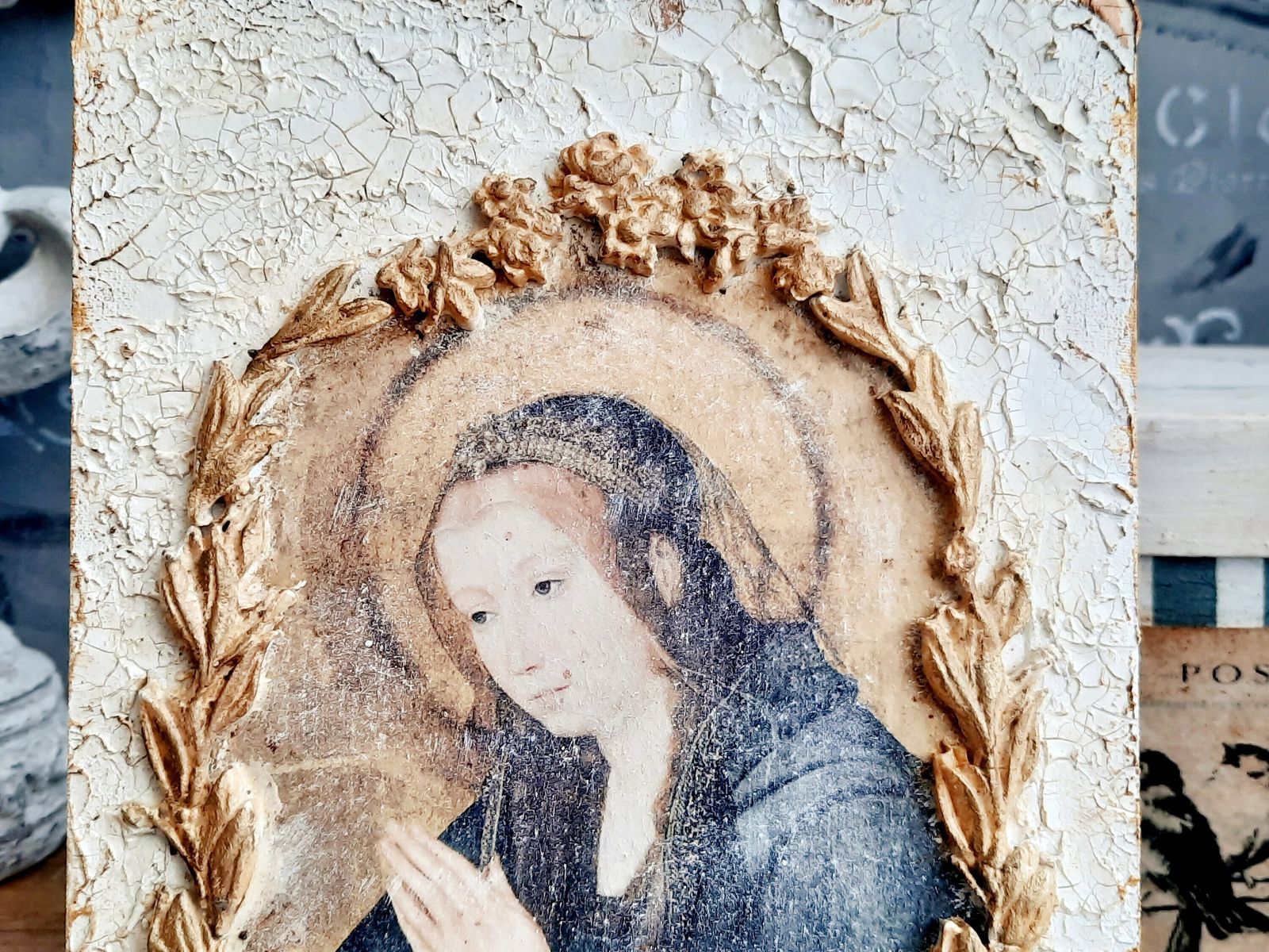 Virgin Mary Icon Plaque: Baroque Gold Frame, Shabby Chic Altar Decor photo Art