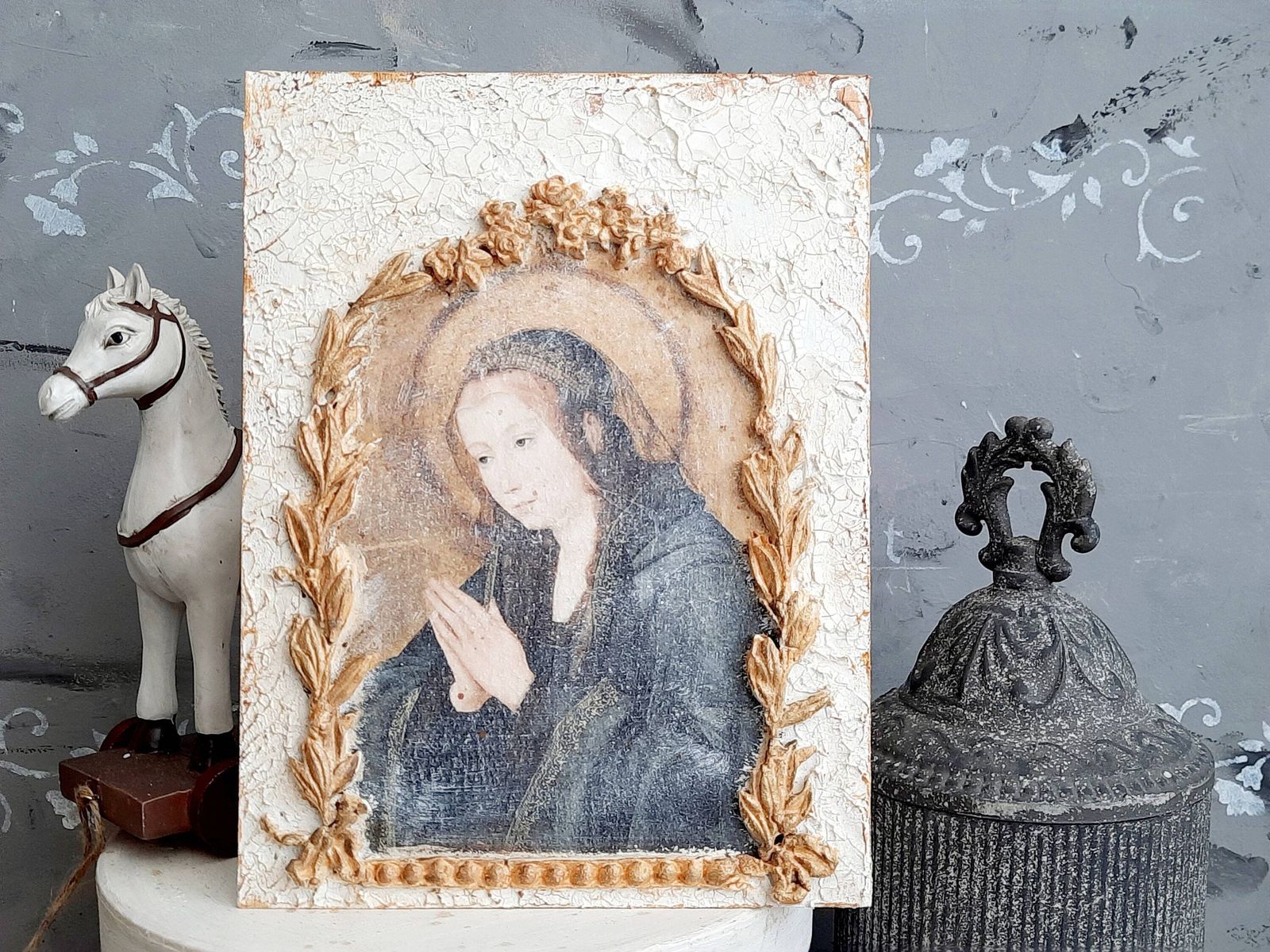 Virgin Mary Icon Plaque: Baroque Gold Frame, Shabby Chic Altar Decor photo vinterior