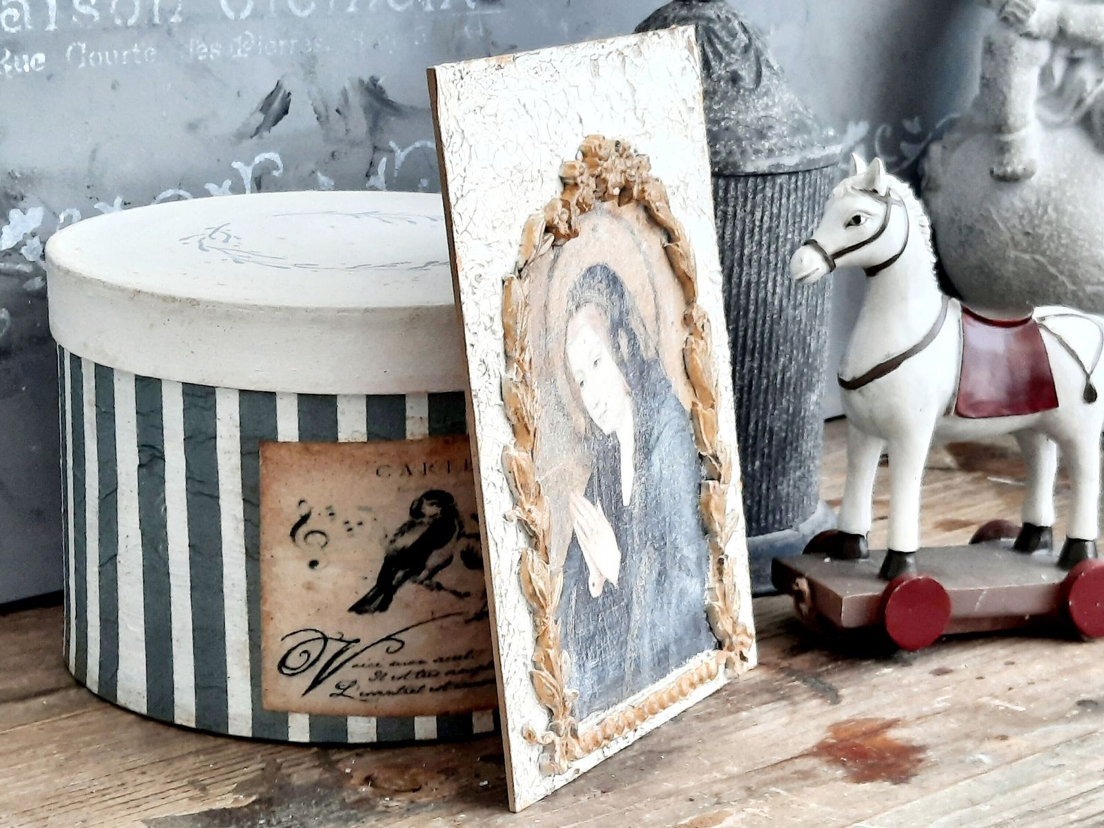 Virgin Mary Icon Plaque: Baroque Gold Frame, Shabby Chic Altar Decor photo vintage