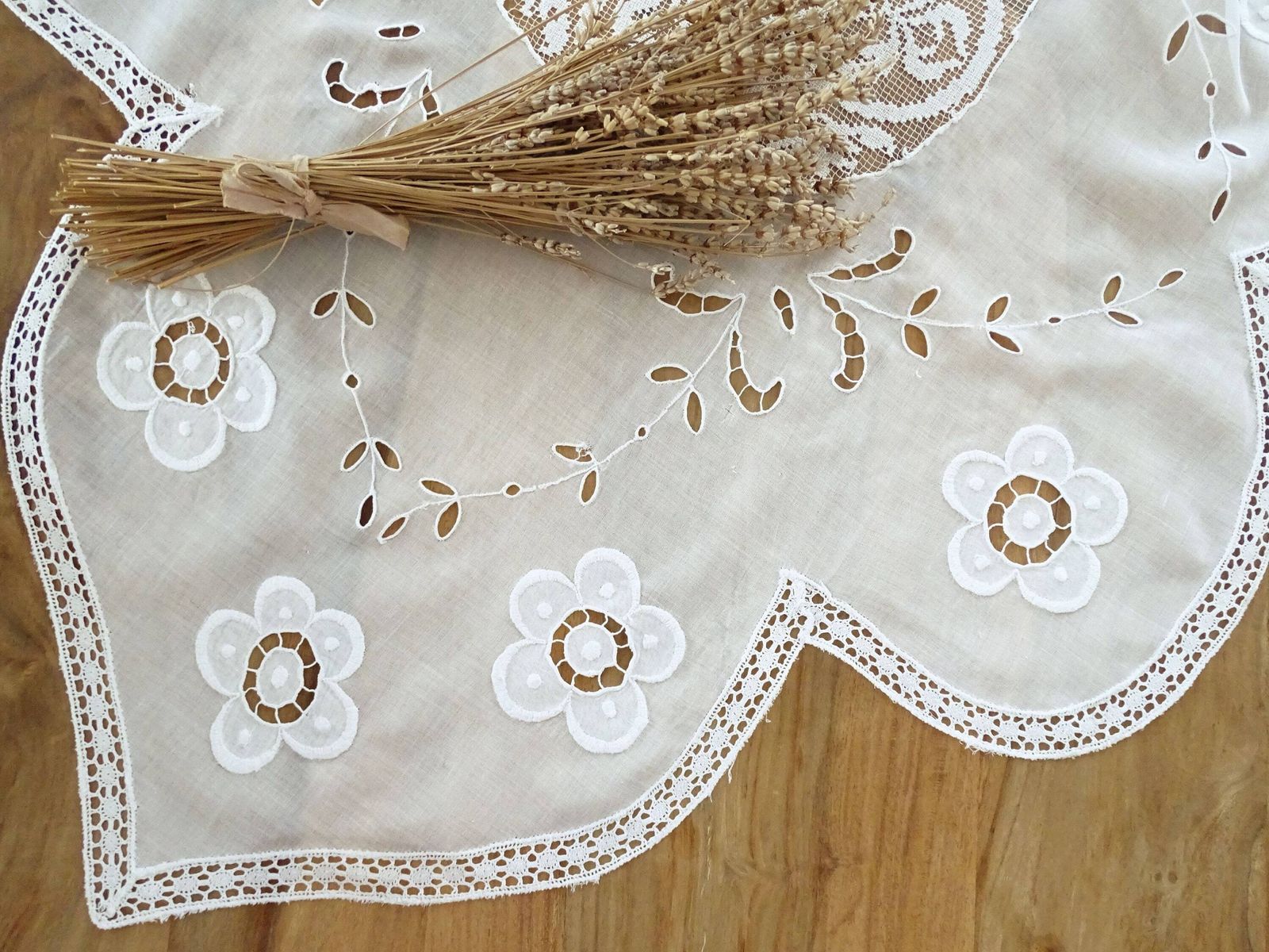 Antique Richelieu Lace Tablecloth: Hand Crochet Floral Embroidery, French Heirloom Linen
