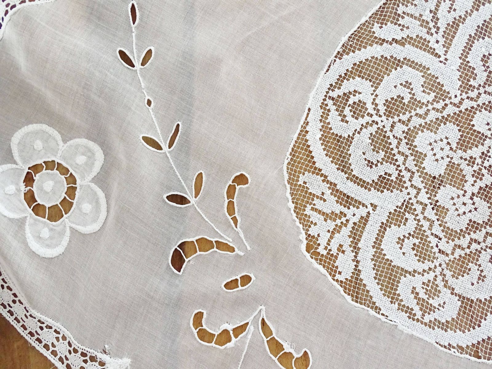 photo furniture Antique Richelieu Lace Tablecloth: Hand Crochet Floral Embroidery, French Heirloom Linen