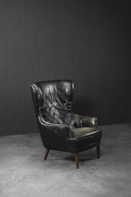 Mid Century Modern Danish Black Quilted Leather Wing Chair, 1960s photo buy