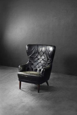 Furniture Mid Century Modern Danish Black Quilted Leather Wing Chair, 1960s photo