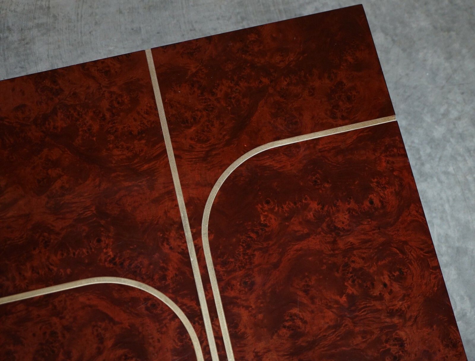 Stunning Contemporary Art Modern Burr Walnut, Brass Inaly Coffee Cocktail Table photo vintage