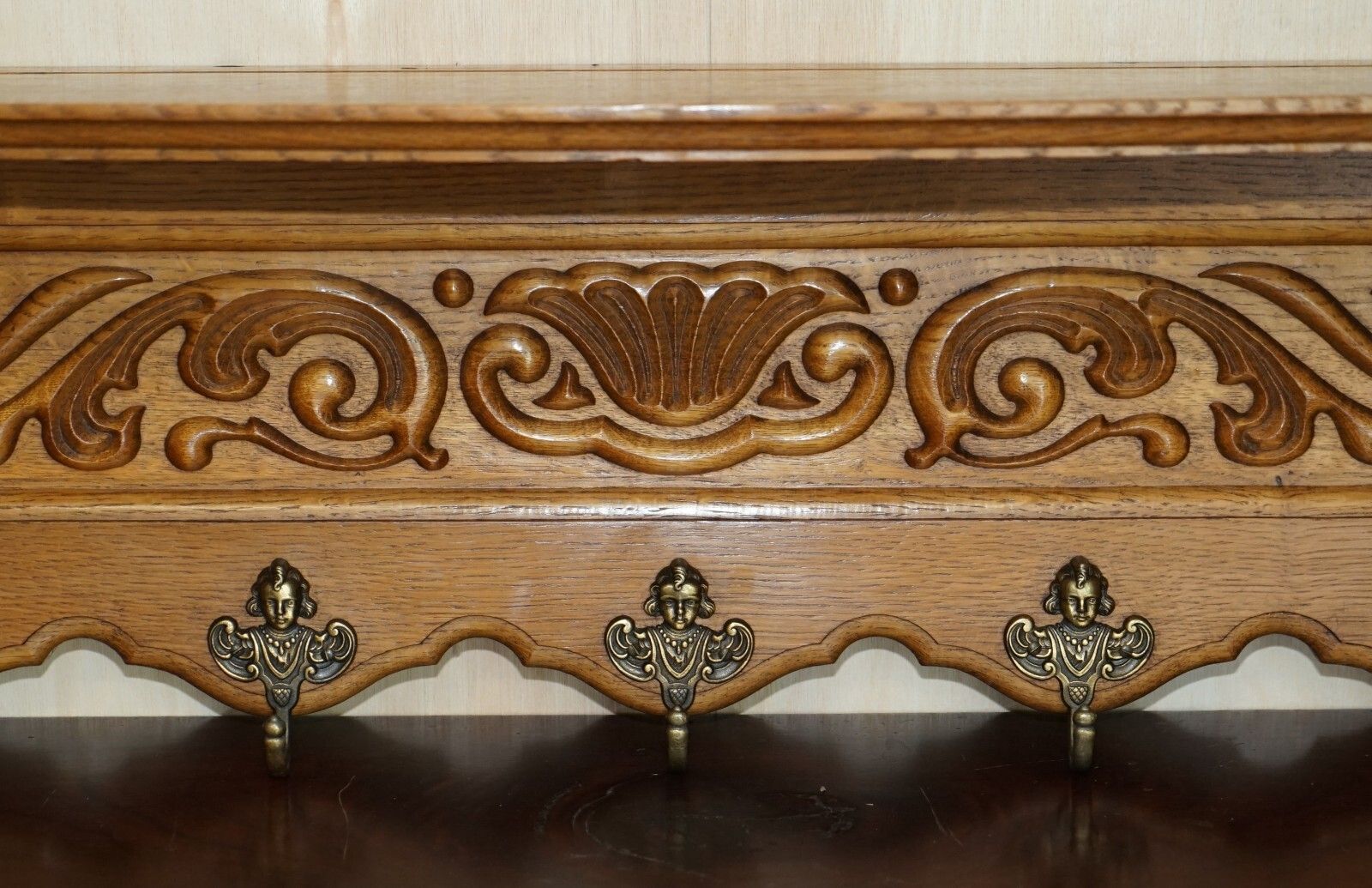 Antique Dutch Finely Light Oak Coat Hat Scarf Wall Rack Hanger French Hooks photo Furniture
