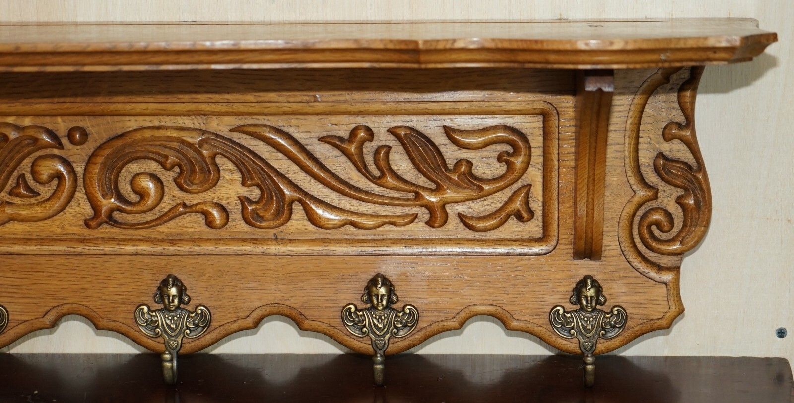 Antique Dutch Finely Light Oak Coat Hat Scarf Wall Rack Hanger French Hooks photo 1350.0
