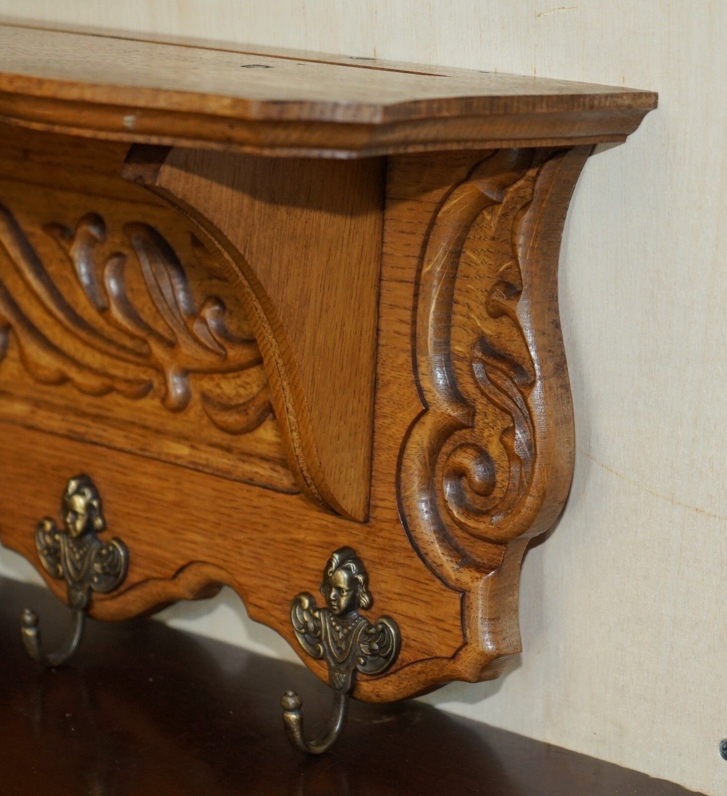 Antique Dutch Finely Light Oak Coat Hat Scarf Wall Rack Hanger French Hooks photo vinterior