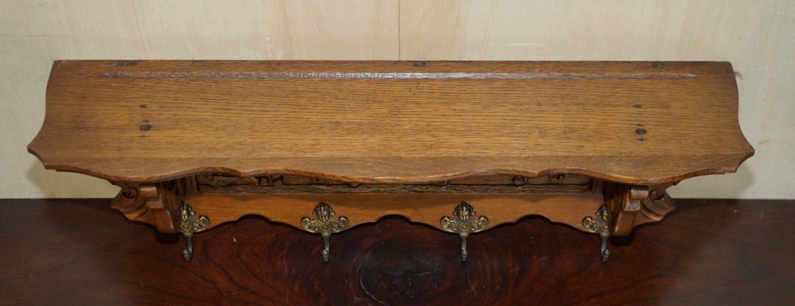 Antique Dutch Heavily Carved Oak Coat Hat Scarf Wall Rack Hanger French Hooks photo vintage