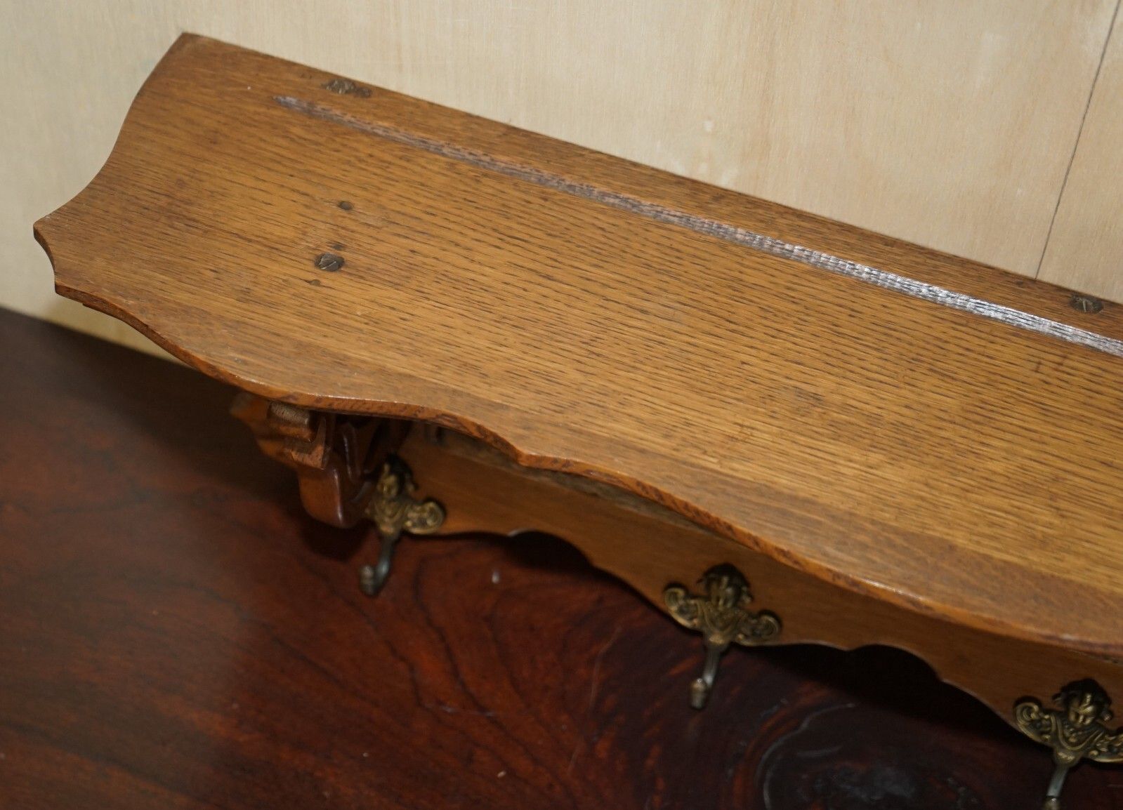 photo furniture Antique Dutch Heavily Carved Oak Coat Hat Scarf Wall Rack Hanger French Hooks