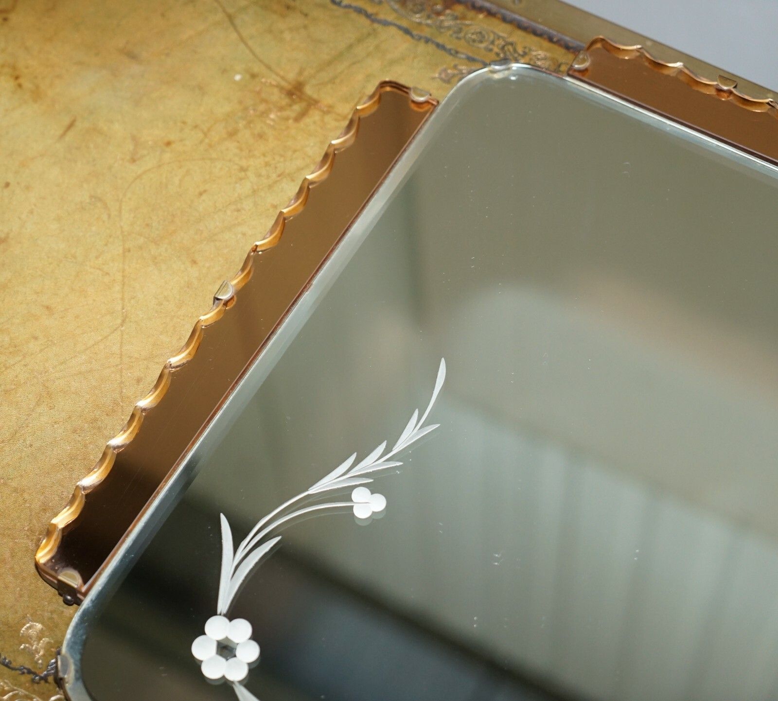 Lovely 1930's Peach French Art Deco Venetian Etched & Engraved Bevelled Mirror photo 1350.0