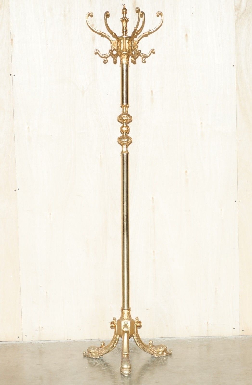 Antique Victorian Circa 1880 Brass Coat Hat & Scarf Stand Rare Dolphin Cast Legs photo furniture