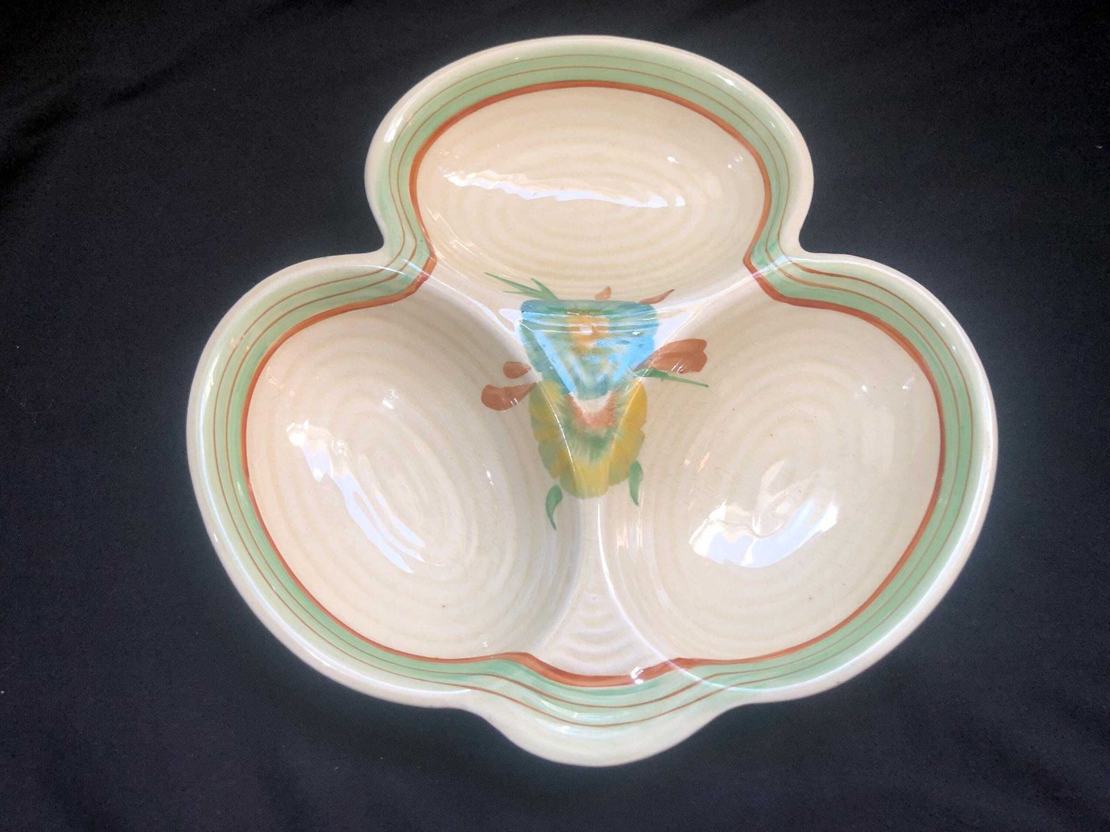 Rare Clarice Cliff Wilkinson Hors D’oeuvres Dish Honeydew Design C 1930.