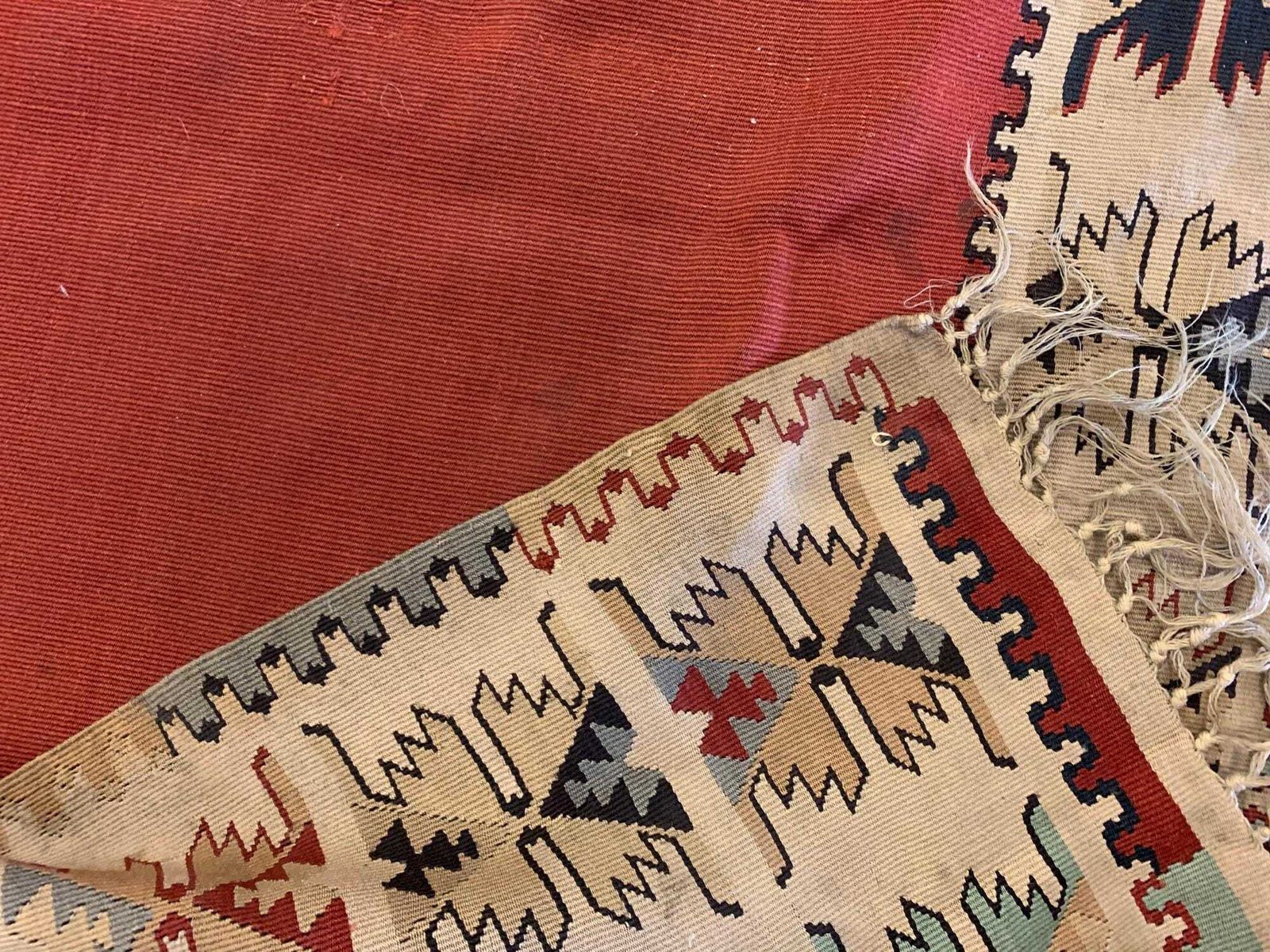 Antique Burgundy Kilim Rug: Square Wool Flatweave Carpet, 1900s photo vinterior
