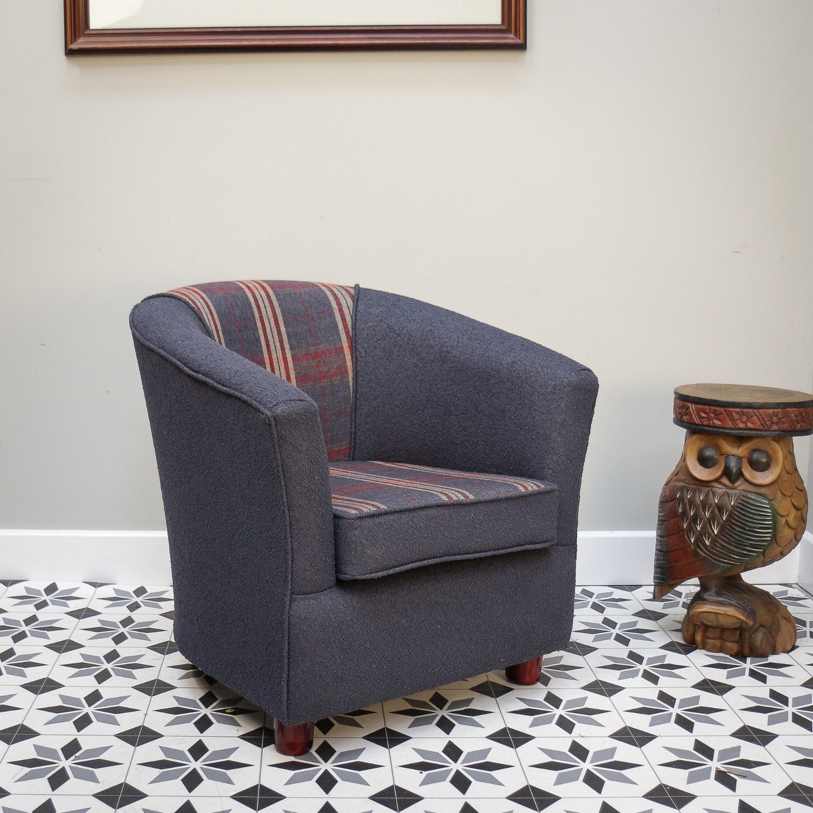 photo buy Upholstered Blue And Tartan Tub Chair