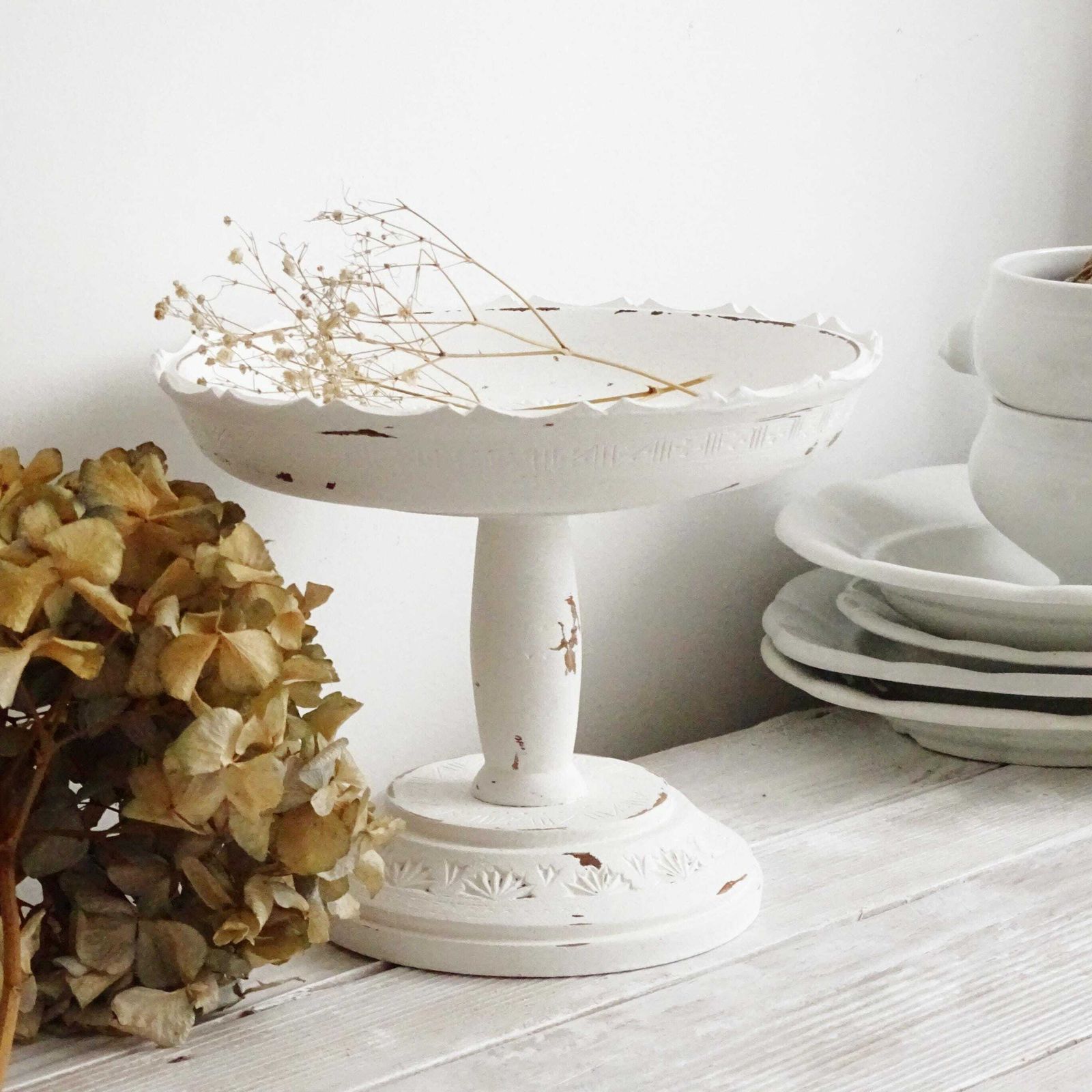 White Wood Cake Stand: Carved Scalloped Pedestal Bowl, 70s Vintage photo furniture