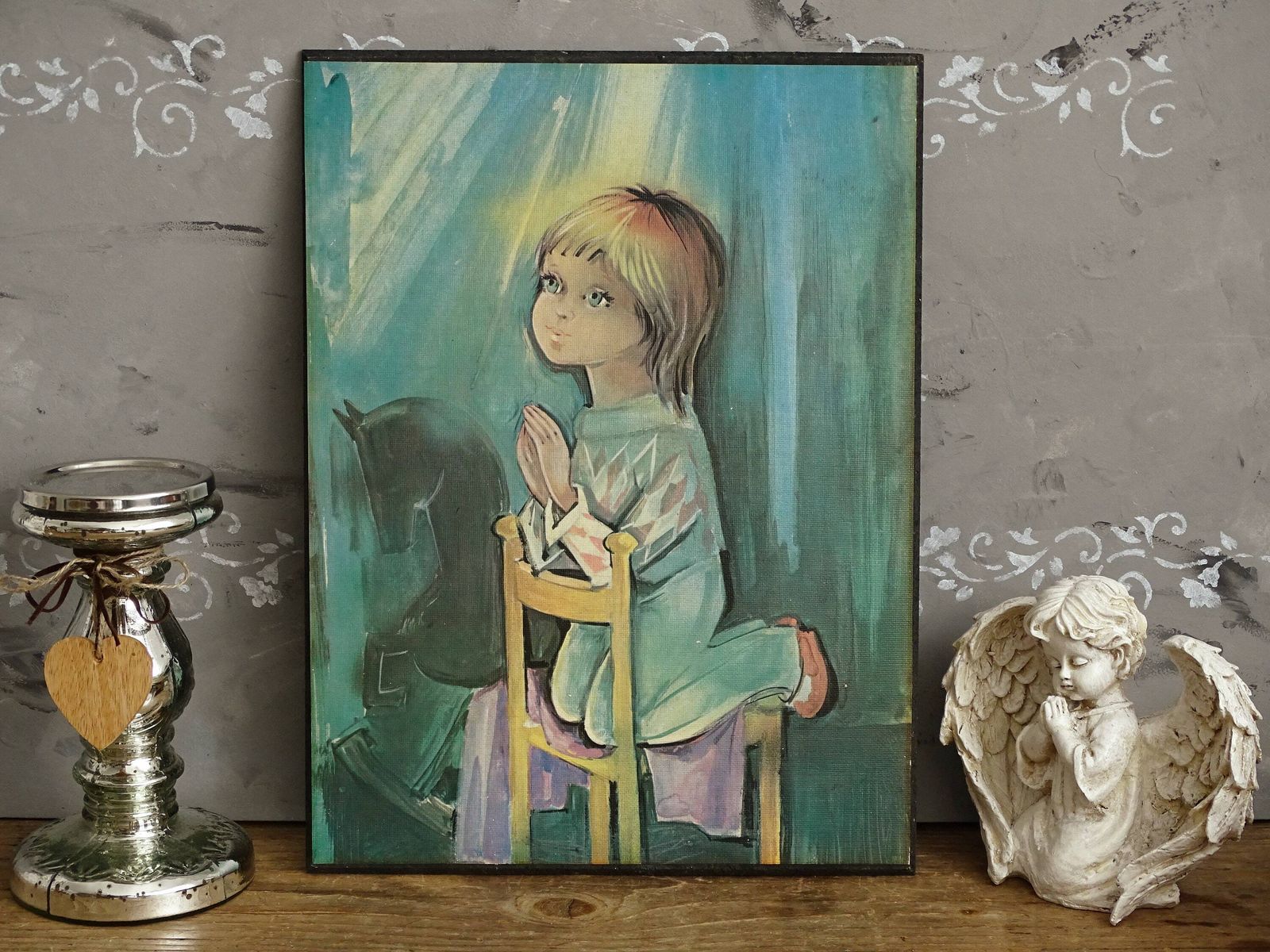 Vintage Oil Painting Child Praying: Retro Nursery Decor photo for sale