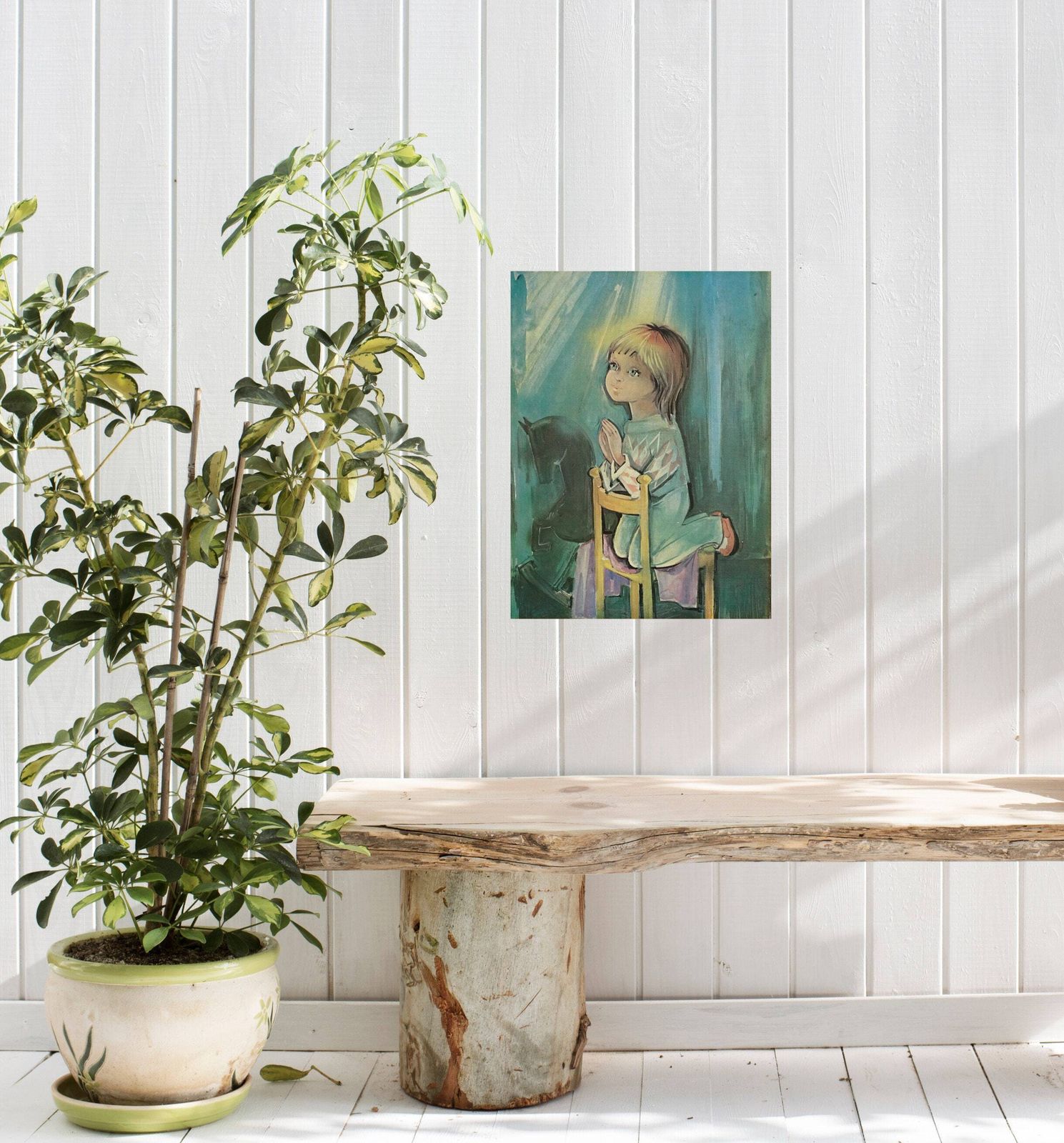 photo for sale Vintage Oil Painting Child Praying: Retro Nursery Decor