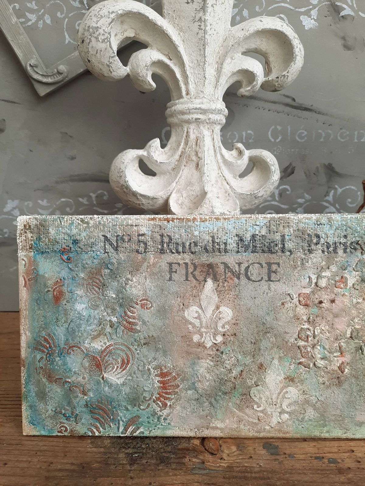 Handmade Turquoise French Wall Plaque: Shabby Chic Baroque Decor (18.1x6.3") photo for sale