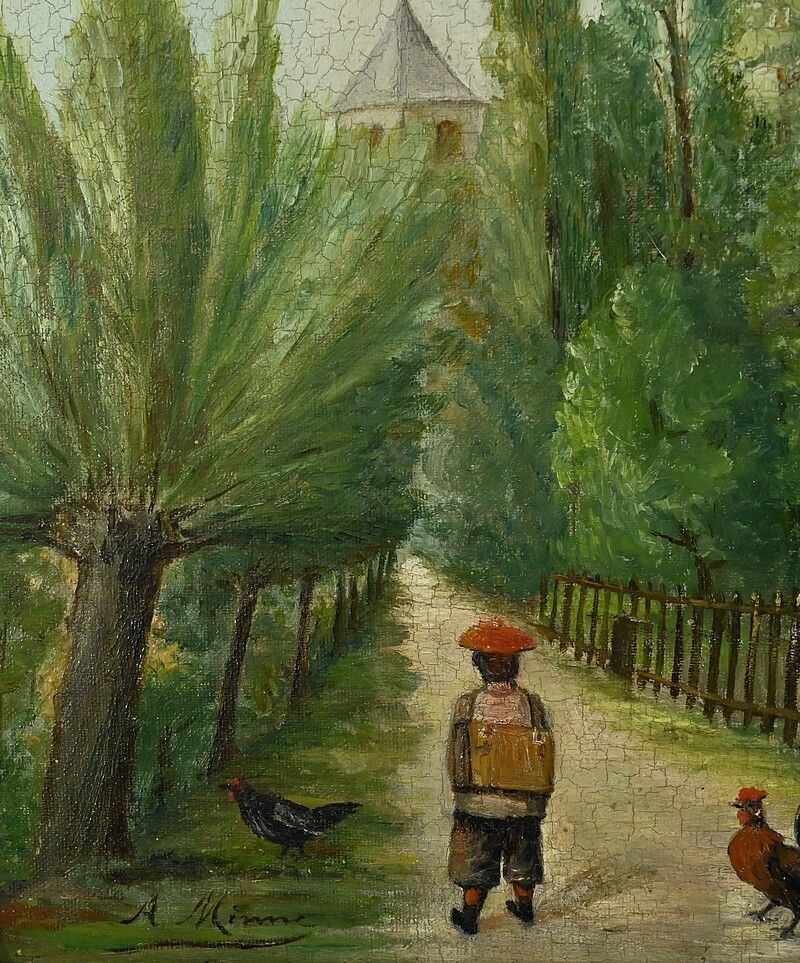 photo vinterior Pair Of “Country Scenes” Paintings, Signed A. Minne – Late 19th Century