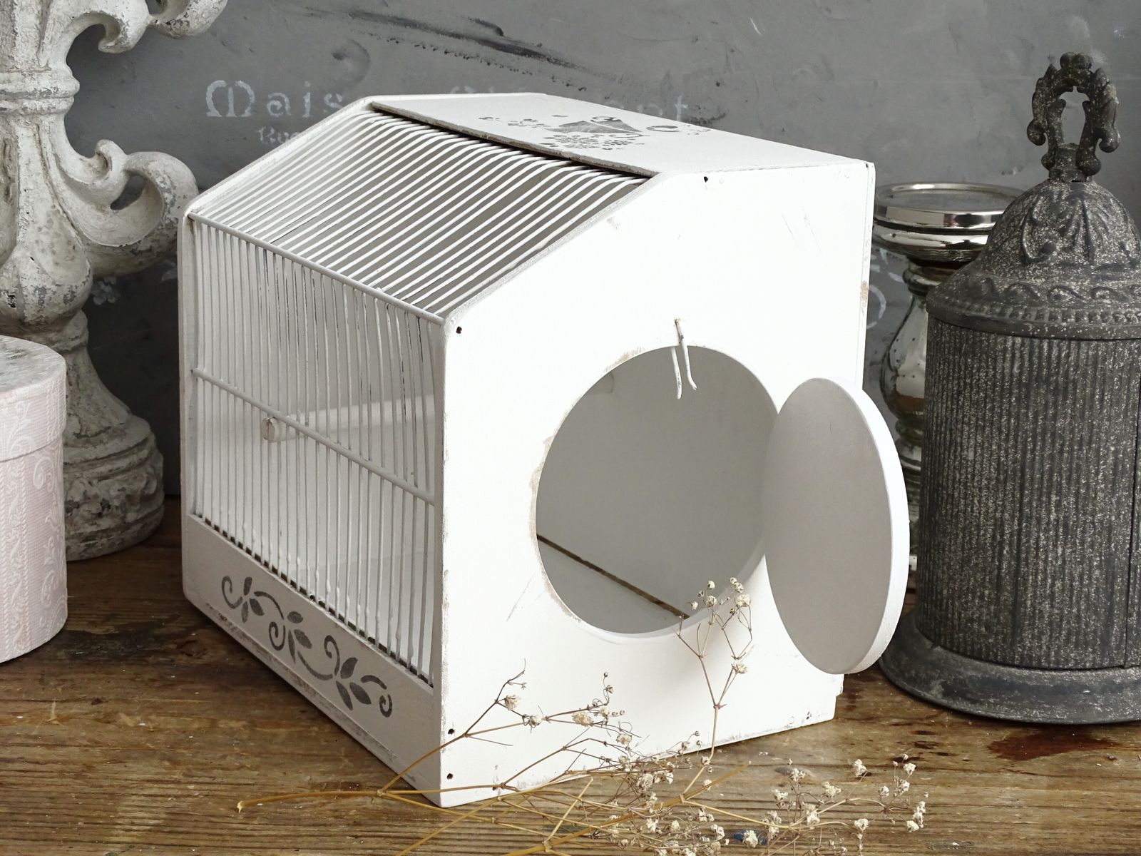 Handmade White Wood Wire Bird Cage: Shabby Chic French Garden Decor photo for sale
